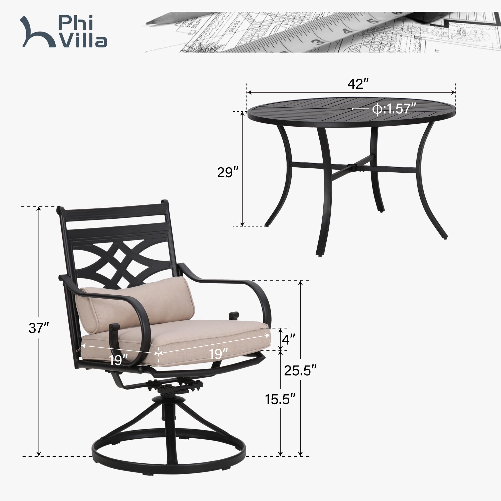 PHI VILLA 5-Piece Outdoor Patio Dining Set with Swivel Chairs - Round Steel Table & Cushions for Garden, Deck, Lawn - Perfect for Backyard BBQs & Family Gatherings