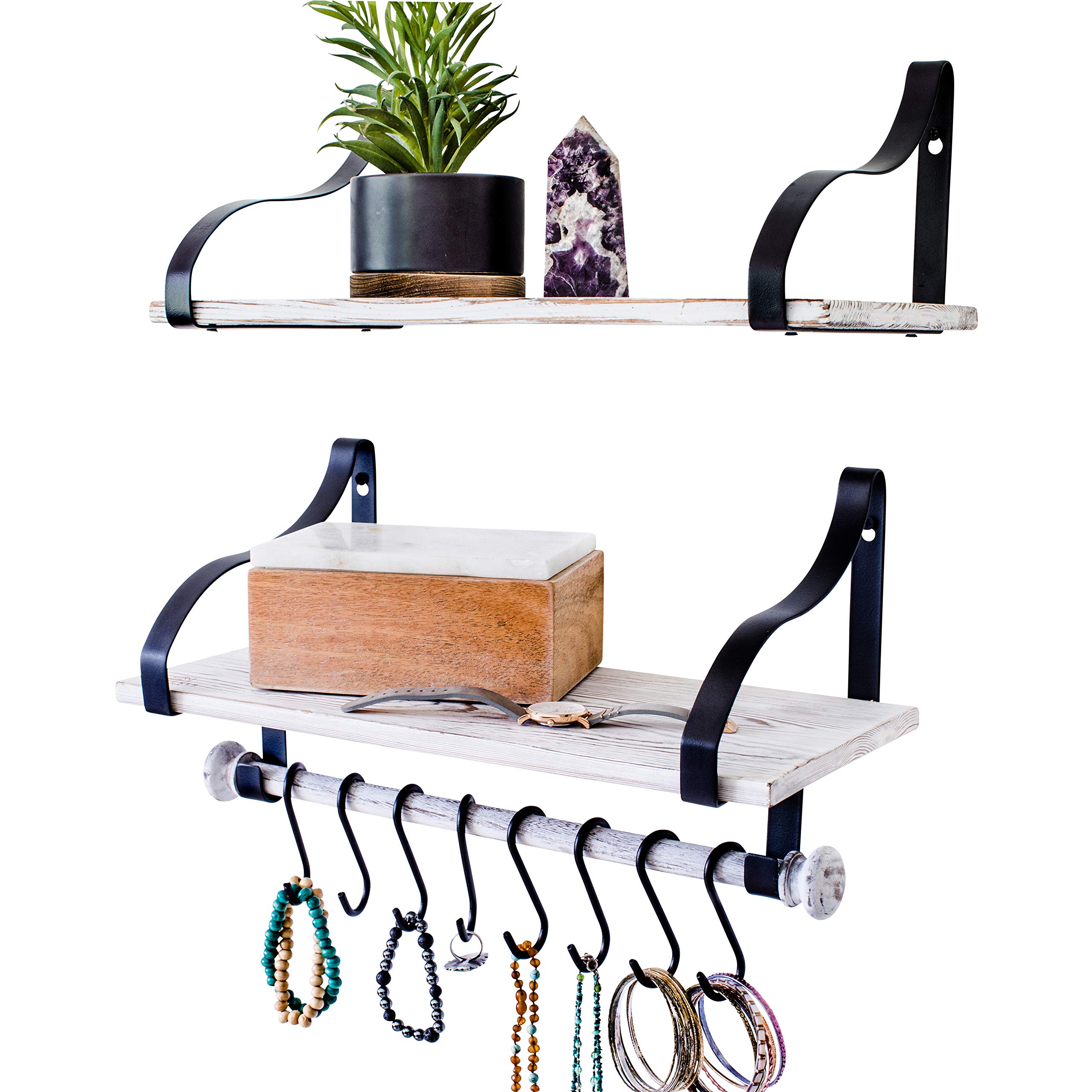 Rustic Solid Wood Wall Mounted Floating Spice Shelf with Towel Bar & Removable Hooks - 16.75
