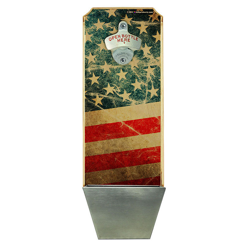American Flag Wall Mounted Wood Plaque with Bottle Opener & Cap Catcher - Patriotic Home Bar Decor for Man Cave, Garage, or Outdoor Entertaining
