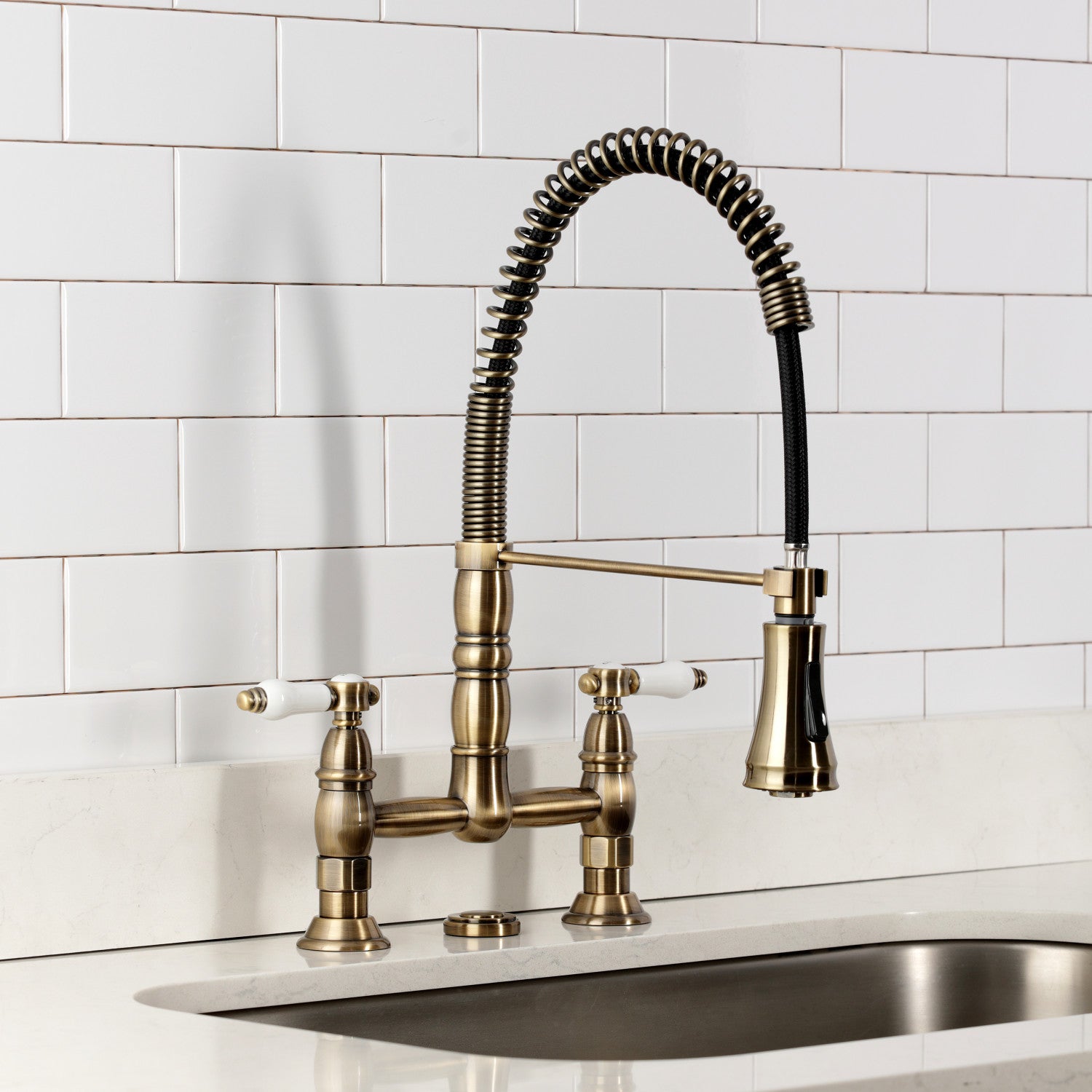 Bel Air GS1273BPL Antique Brass Double Handle 2 Hole Deck Mount Pre Rinse Bridge Kitchen Faucet - Perfect for Commercial Style Kitchens & Restaurant Prep Areas