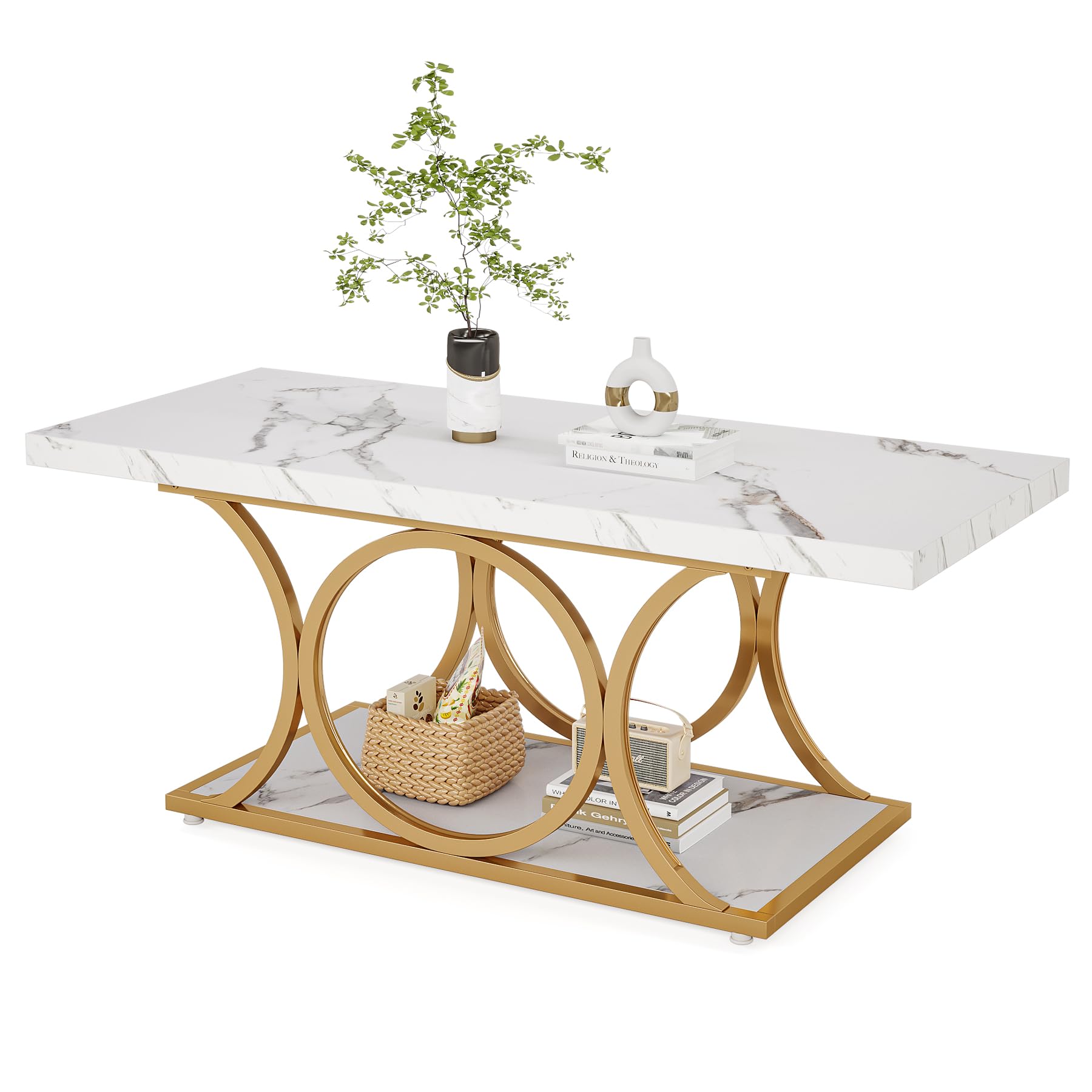 Modern White Rectangle Coffee Table 47 Inch - 2-Tier Faux Marble Wood Living Room Table with Storage & Gold Metal Legs - Perfect for Small Spaces, Apartments, and Contemporary Home Decor