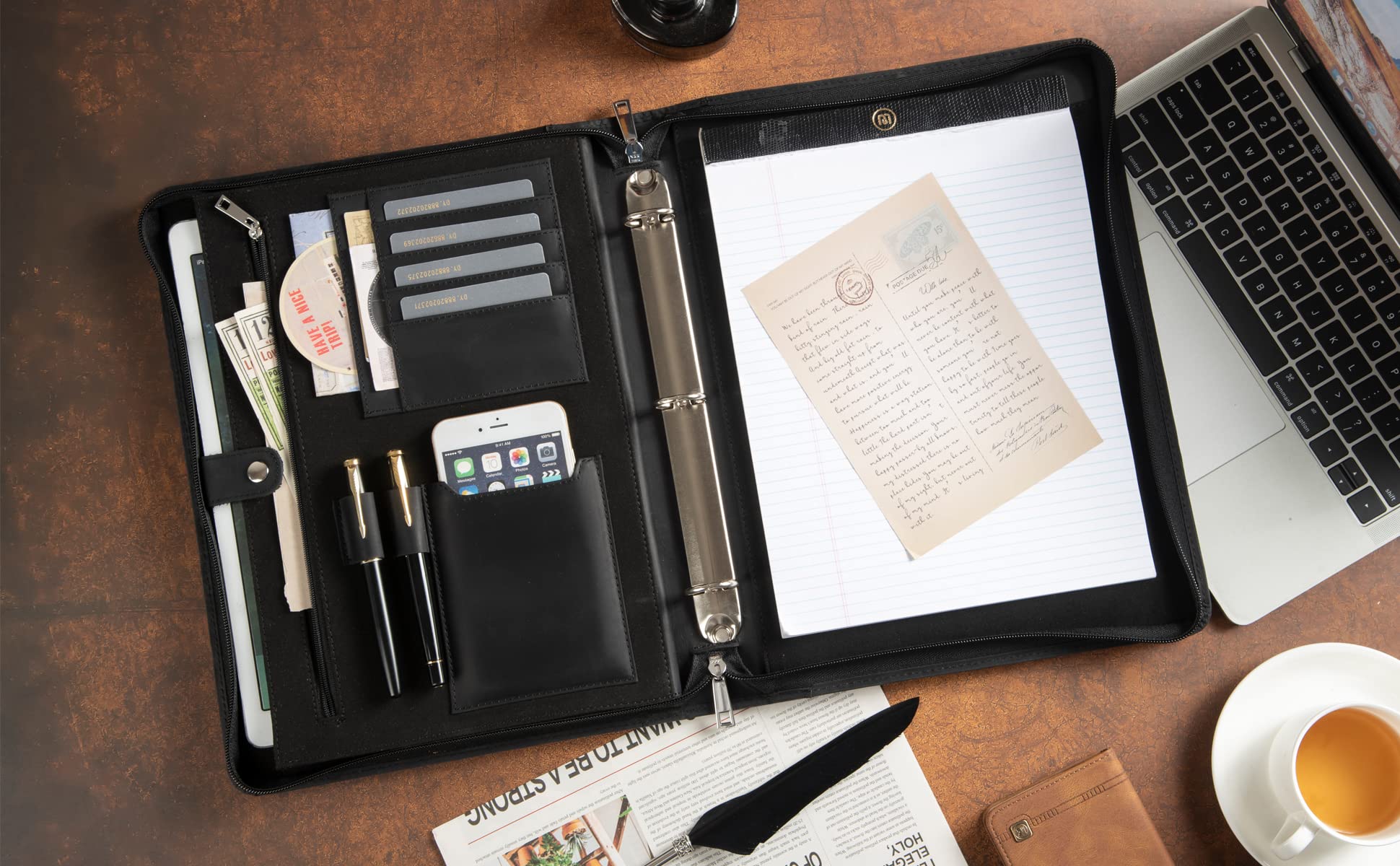 Asini Genuine Leather 3-Ring Binder Portfolio with Zipper - Professional Business Organizer for 13.3