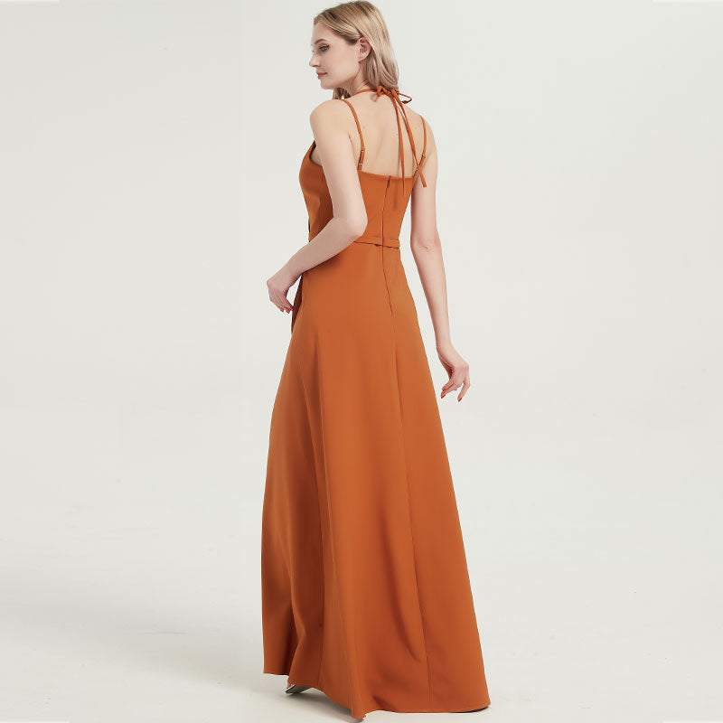 Elegant Burnt Orange V-Neck Long Bridesmaid Dress with Spaghetti Straps - Perfect for Weddings, Formal Events & Evening Parties