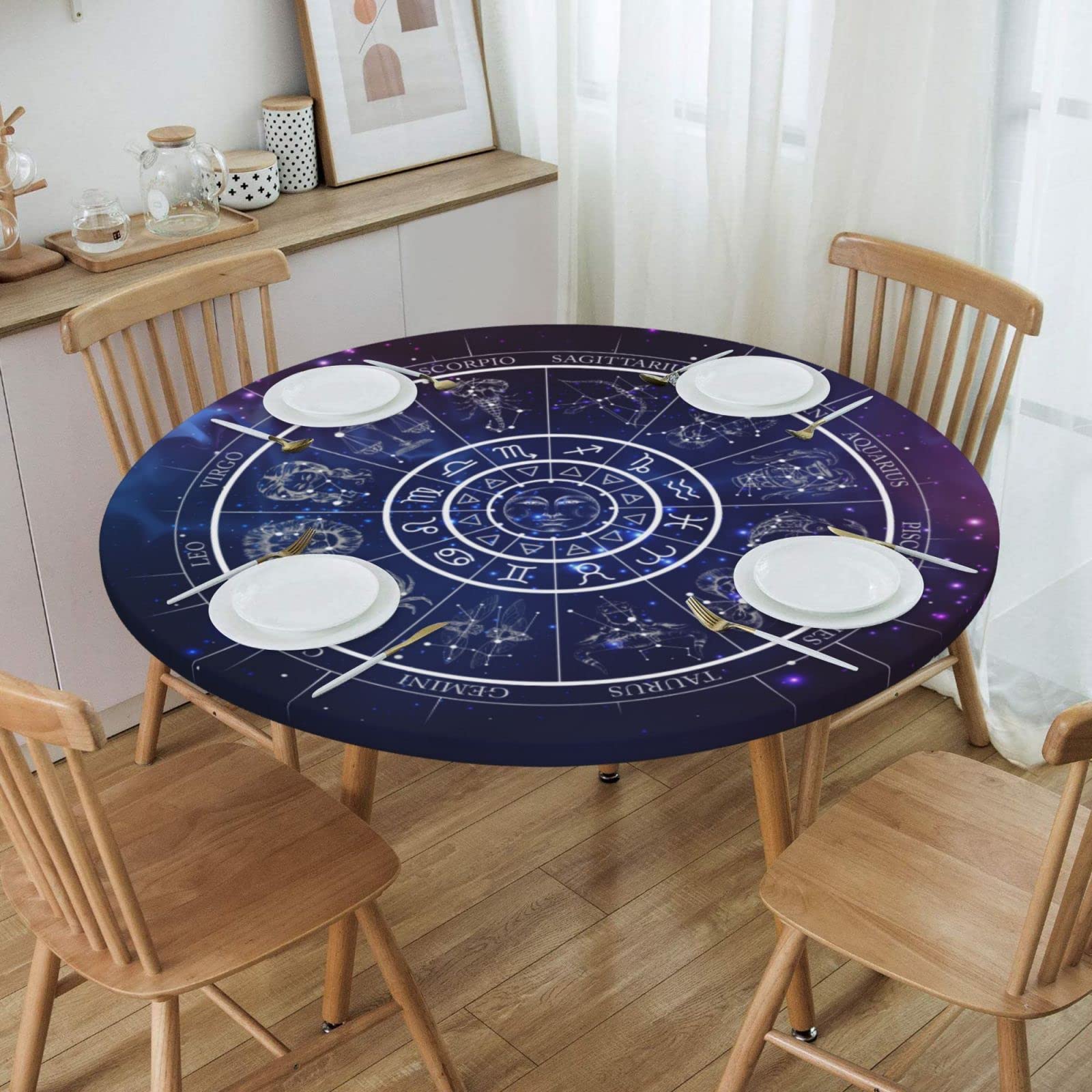 Galaxy Tarot Horoscope Wheel Tablecloth - Zodiac Round Elastic Edge Fitted Table Cover for 40