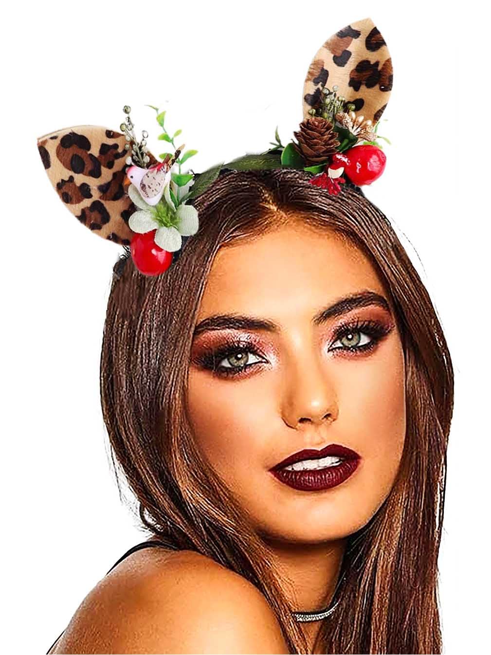Leopard Print Headbands with Brown Deer Hair Hoop - Reindeer Antlers Hair Accessories for Women | Halloween Costume Party, Christmas Theme Events & Cosplay