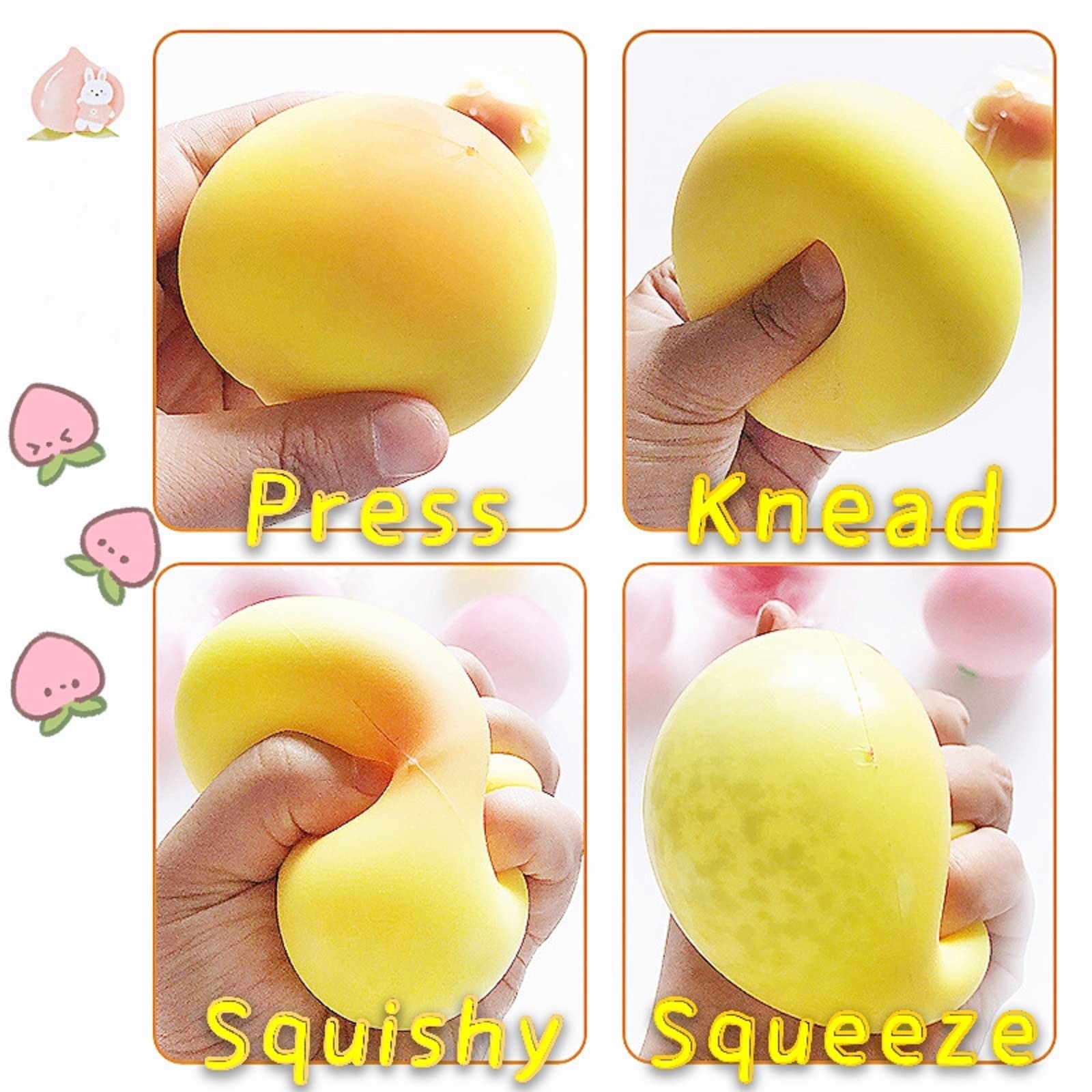 Yellow Peach Squishy Stress Ball (1 Pack) - Stretchy Squeeze Fidget Toy for Anxiety Relief, ADHD & Autism - Fun Sensory Stress Relief for Kids & Adults - Perfect for Office, Classroom, or Home Relaxation