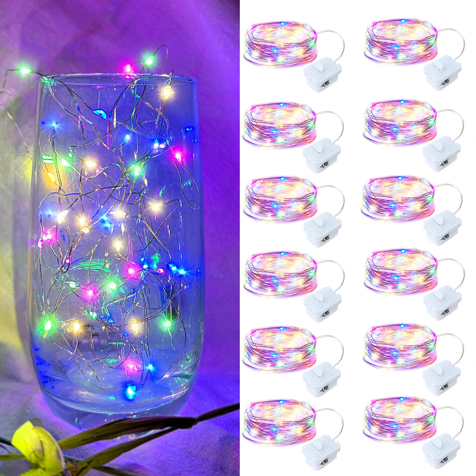 12 Pack LED Fairy Lights - Multicolor Battery Operated Silver Wire String Lights, 7FT 20LED Mini Firefly Starry Lights for DIY Christmas Decor, Mason Jars, Weddings, Parties & Home Decoration (Waterproof & Twinkle Effect)