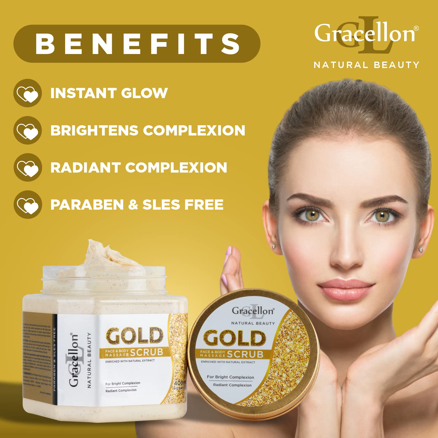 Gracellon Gold Face & Body Massage Scrub - Paraben & SLES Free, Brightens & Glows Skin Instantly - Perfect for Spa Day & At-Home Skincare Routine