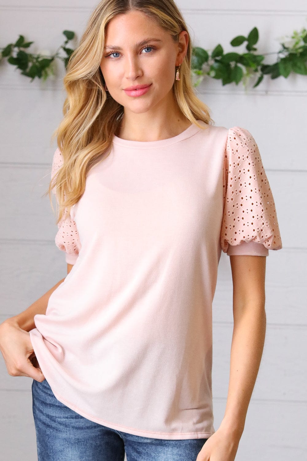 Peach Eyelet Puff Sleeve French Terry Top for Women - Summer Boho Blouse with Lace Trim, Casual Loose Fit T-Shirt | Perfect for Beach Outings, Date Nights & Weekend Brunch