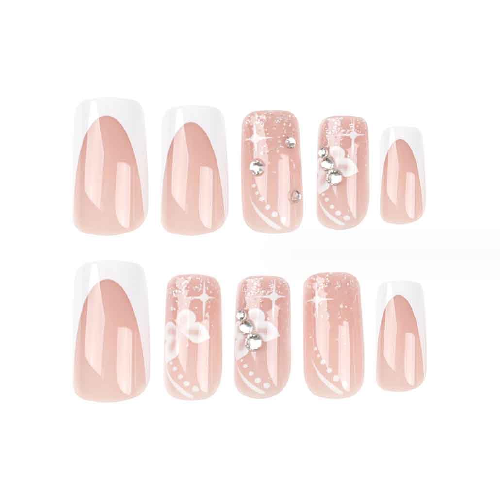 24PCS Long Press On Nails - Nude Square Clear Acrylic False Nails with French Tip & Bling Rhinestone Butterfly Design - Perfect for Parties, Weddings & Special Occasions
