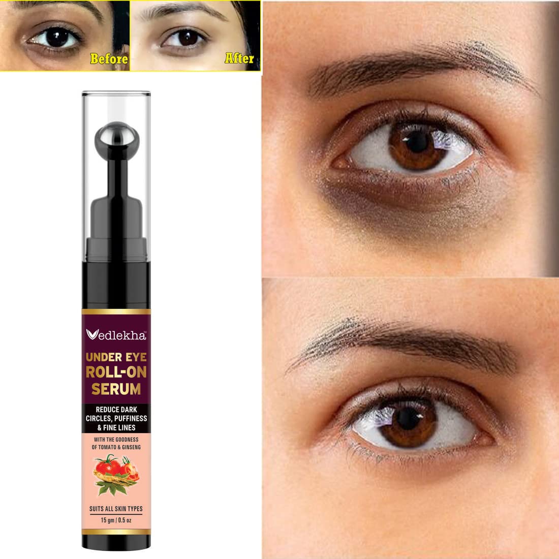 Vedlekha Under Eye Serum Roll On with Vitamin E, Ginseng & Retinol - Dark Circle Treatment for Men & Women - Cooling Massage Roller Reduces Puffiness & Fine Lines - 15gm - Perfect for Morning & Night Skincare Routine