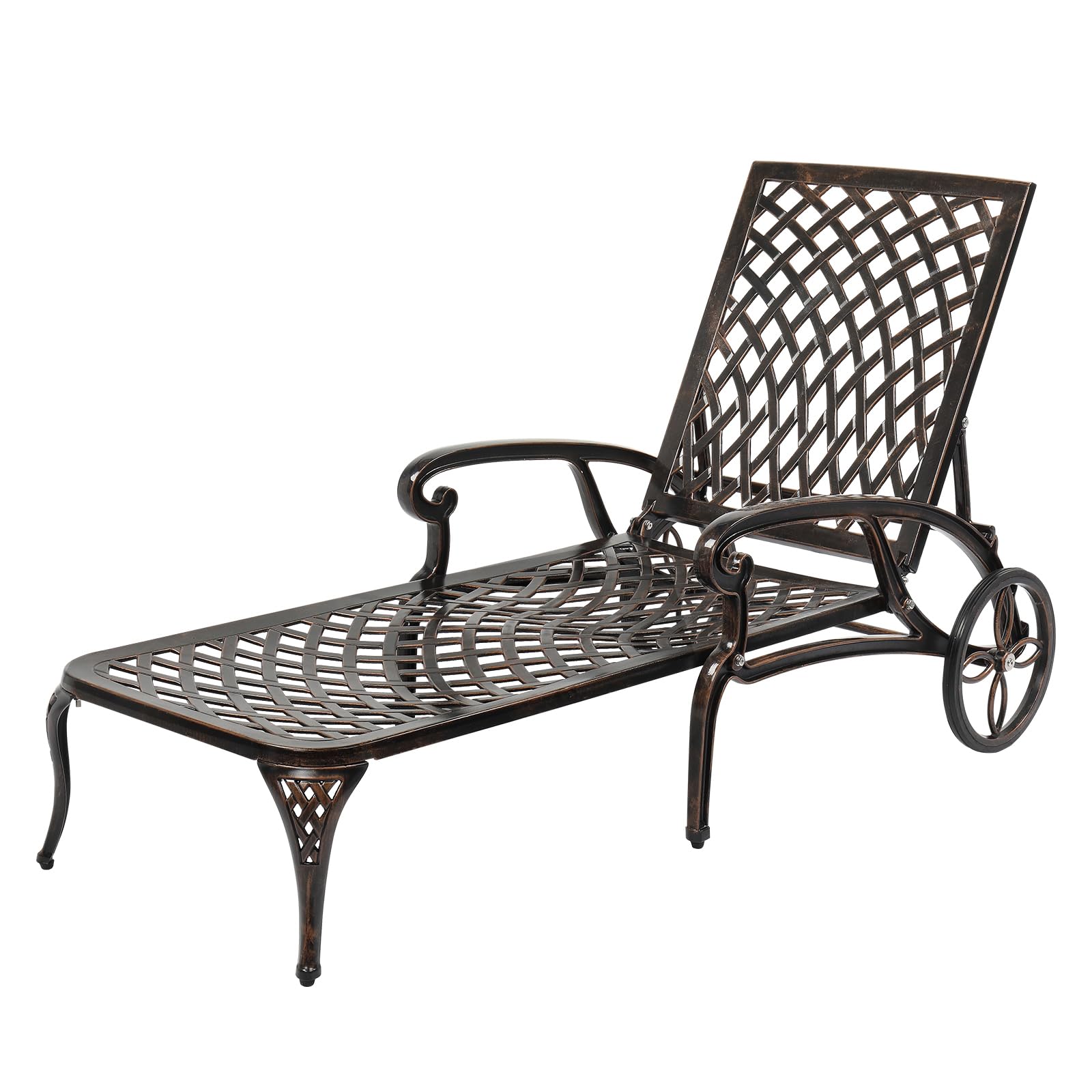VINGLI Heavy Duty Cast Aluminum Outdoor Chaise Lounge Chair with Wheels - 3-Position Adjustable Backrest Patio Sunbathing Chair for Poolside, Beach & Backyard Relaxation (Bronze, Cushion Not Included)