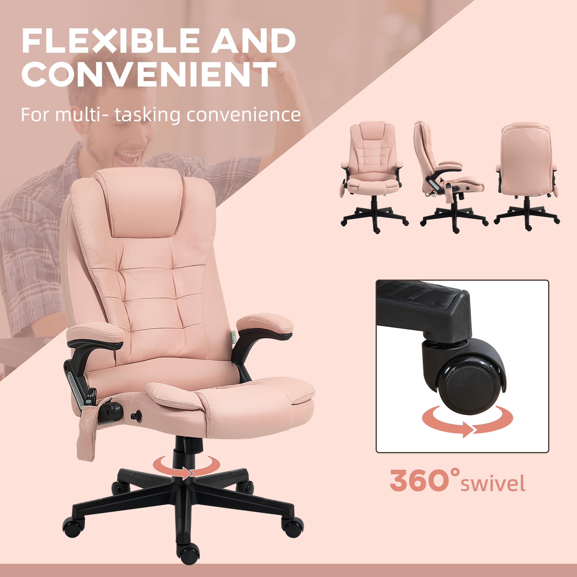HOMCOM 6-Point Vibrating Massage Office Chair with Heating - High Back Executive Chair with Reclining Function, Padded Armrests & Remote Control - Pink Microfiber Ergonomic Chair for Home & Office Use - Perfect for Work, Relaxation & Pain Relief