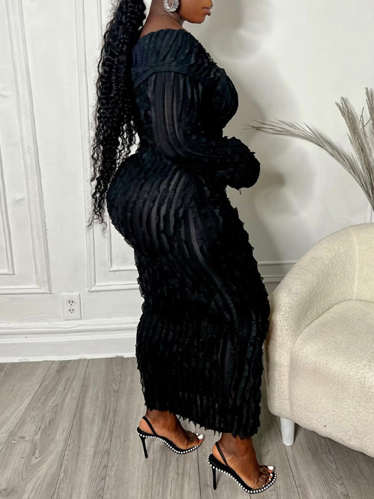 Mojessy Women's Sexy Off Shoulder Ruffle Long Sleeve Button Down See Through Bodycon Maxi Dress for Party, Date Night & Special Occasions
