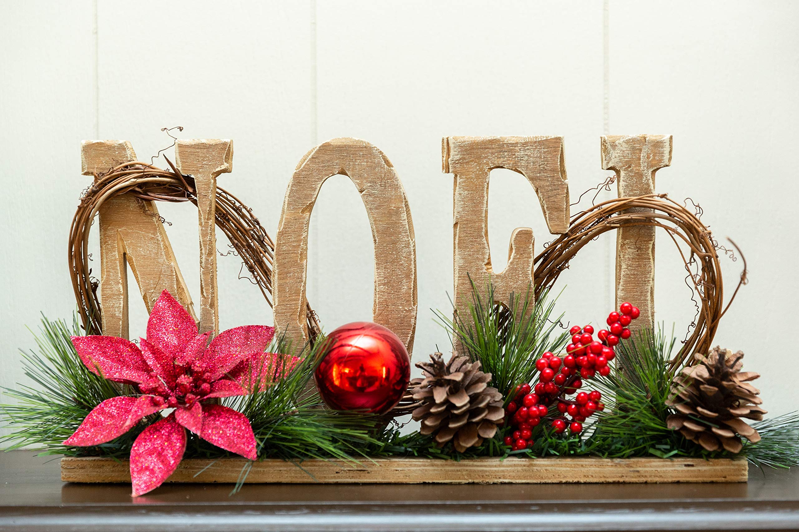 17 Inch Wood Noel Floral Sign - Large Christmas Home Decor Centerpiece for Holiday Mantel, Table, or Wall Display