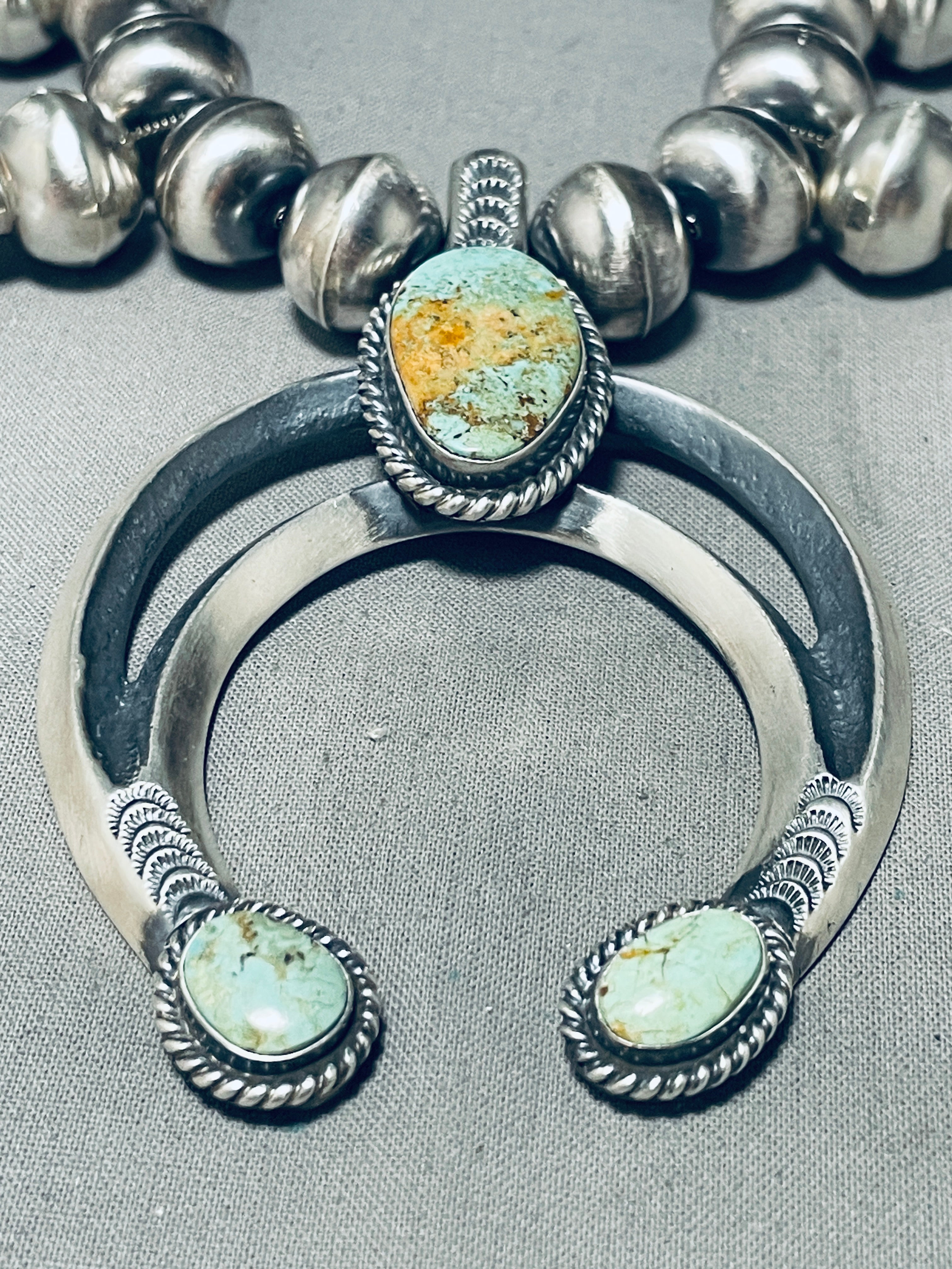 Authentic Navajo Sterling Silver Squash Blossom Necklace with Natural Turquoise (218g) - Handcrafted Native American Jewelry for Women, Perfect for Weddings, Boho Fashion & Special Occasions