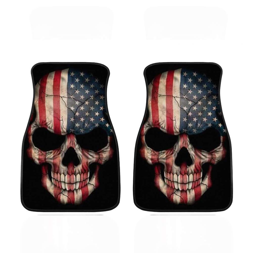 JEOCODY American Flag Skull Pattern Anti-Slip Car Floor Mats - 2-Piece Set Heavy Duty Rubber All-Weather Front Car Mats for Dust Protection | Perfect for Trucks, SUVs & Daily Commute
