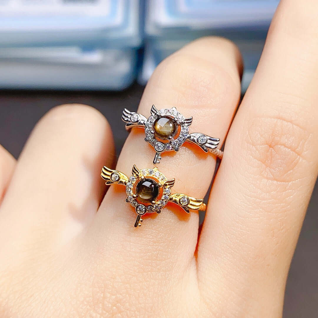 18K Gold Angel Wings Black Star Sapphire Ring for Women - Elegant Jewelry Gift for Birthday, Anniversary & Valentine's Day | NS2407