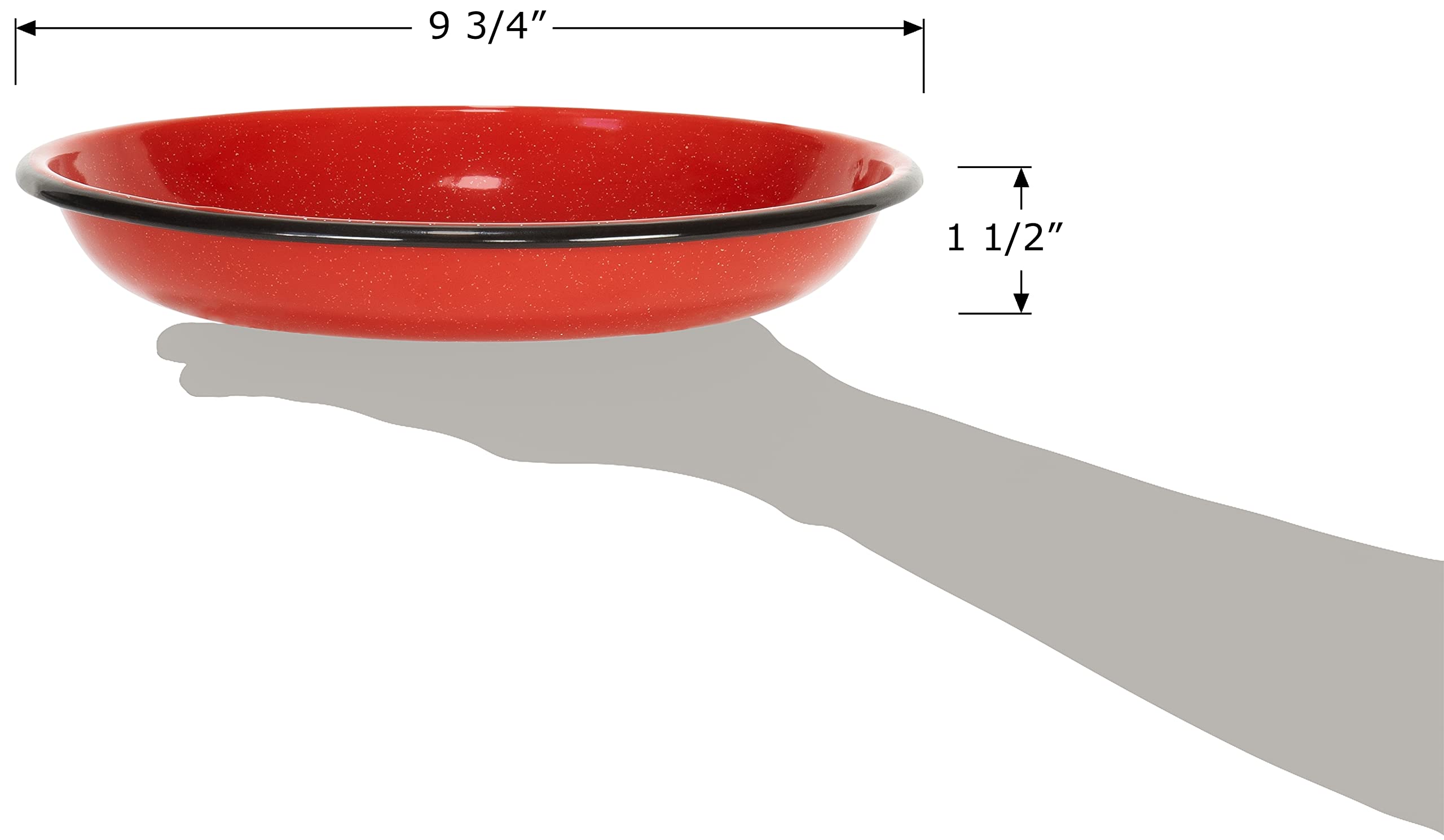 Red Co. Set of 4 Enamelware Metal 10” Round Camping Plates - Speckled White with Red/Black Rim | Durable Outdoor Dinnerware for Picnics, BBQs & Camping Trips