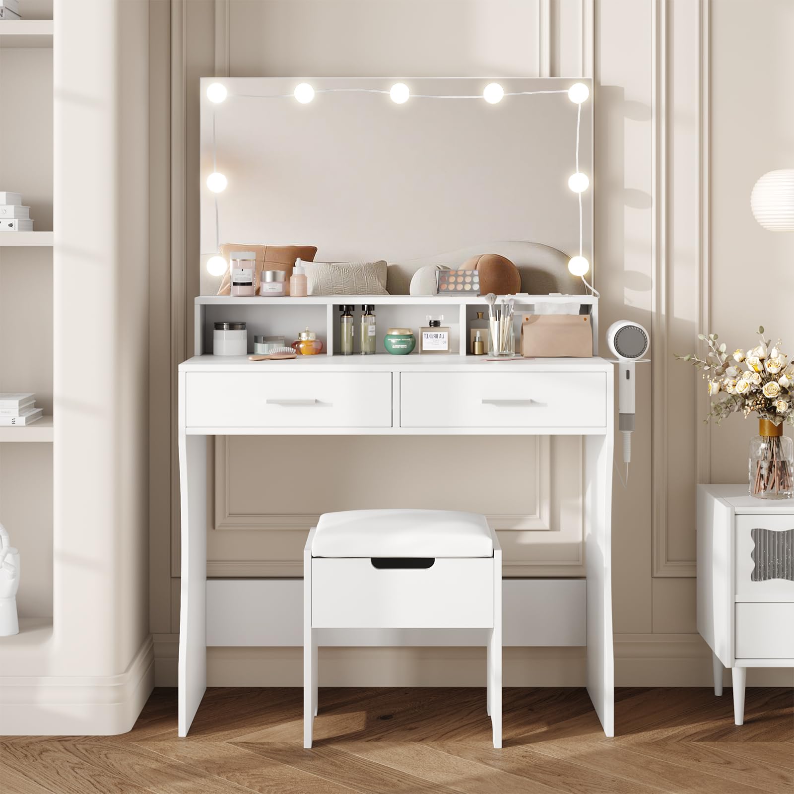Vabches Makeup Vanity with Lighted Mirror & Power Outlet, White Vanity Set with 3 Adjustable Lighting Colors, Brightness Control, 31.5 Inch Wide Makeup Desk - Perfect for Bedroom, Dressing Room & Beauty Salon