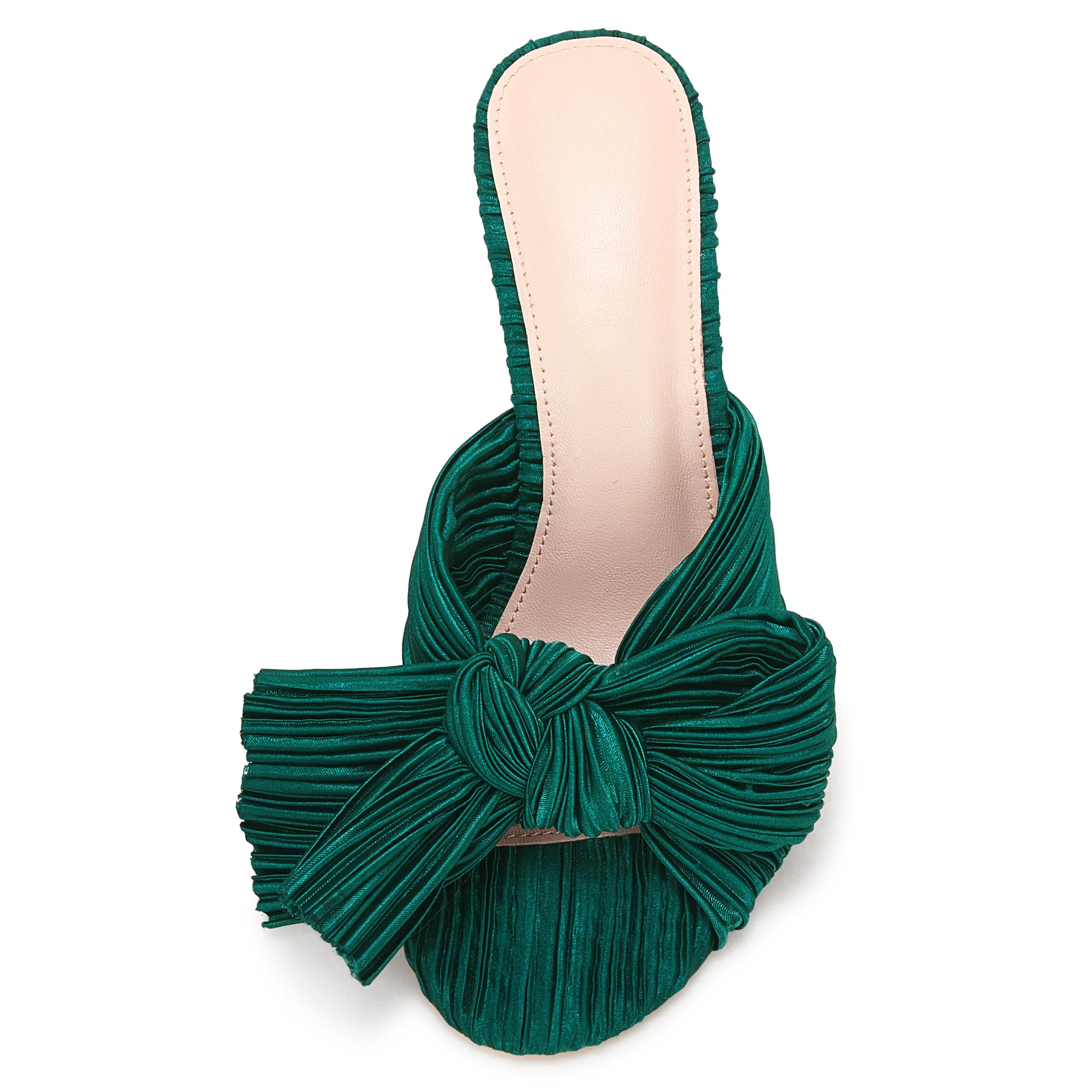 VETASTE Women's Pleated Bow Knot Heeled Sandals - Comfortable Slip-On Open Toe Block Chunky Heel Slides for Wedding, Bridal, Party & Dress Occasions | Perfect for Bridesmaids, Prom & Formal Events