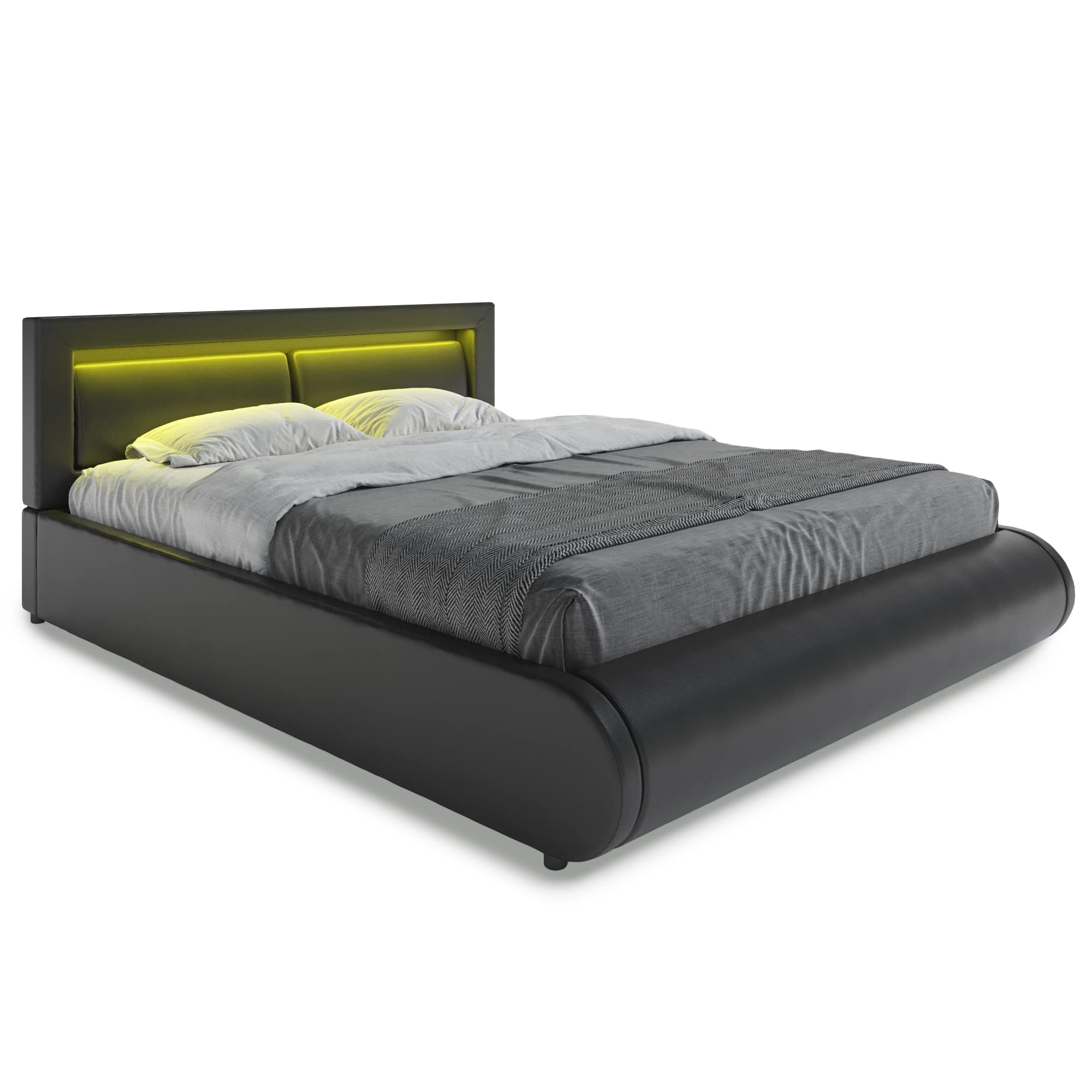 Faux Leather Upholstered Platform Bed Frame with LED Lights Headboard - Full Size PU Upholstered Bed - Modern Black Bed Frame with LED Lighting - Perfect for Bedroom, Guest Room & Apartment Decor