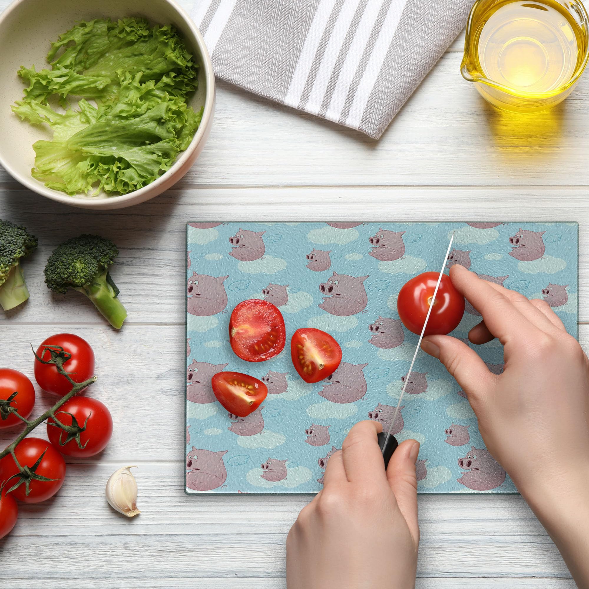 Lunarable Pig Themed Cutting Board - Cartoon Style Flying Pigs with Clouds Design - Durable Tempered Glass Serving Board (Small Size, Pale Blue/White/Pink) - Perfect for Kitchen Decor, Cheese Platters & Gift Giving