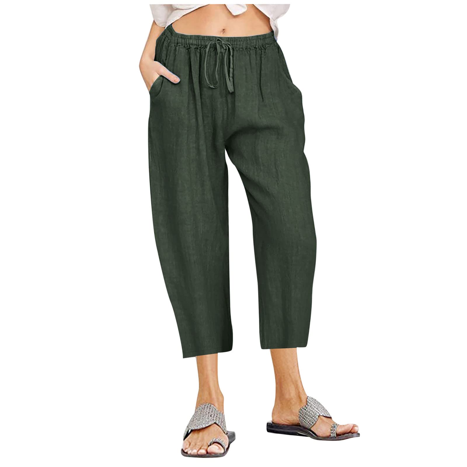 Women's Linen Capri Pants - High Waisted Summer Cropped Pants with Drawstring, Boho Beachwear for Casual Outings & Vacation 2023