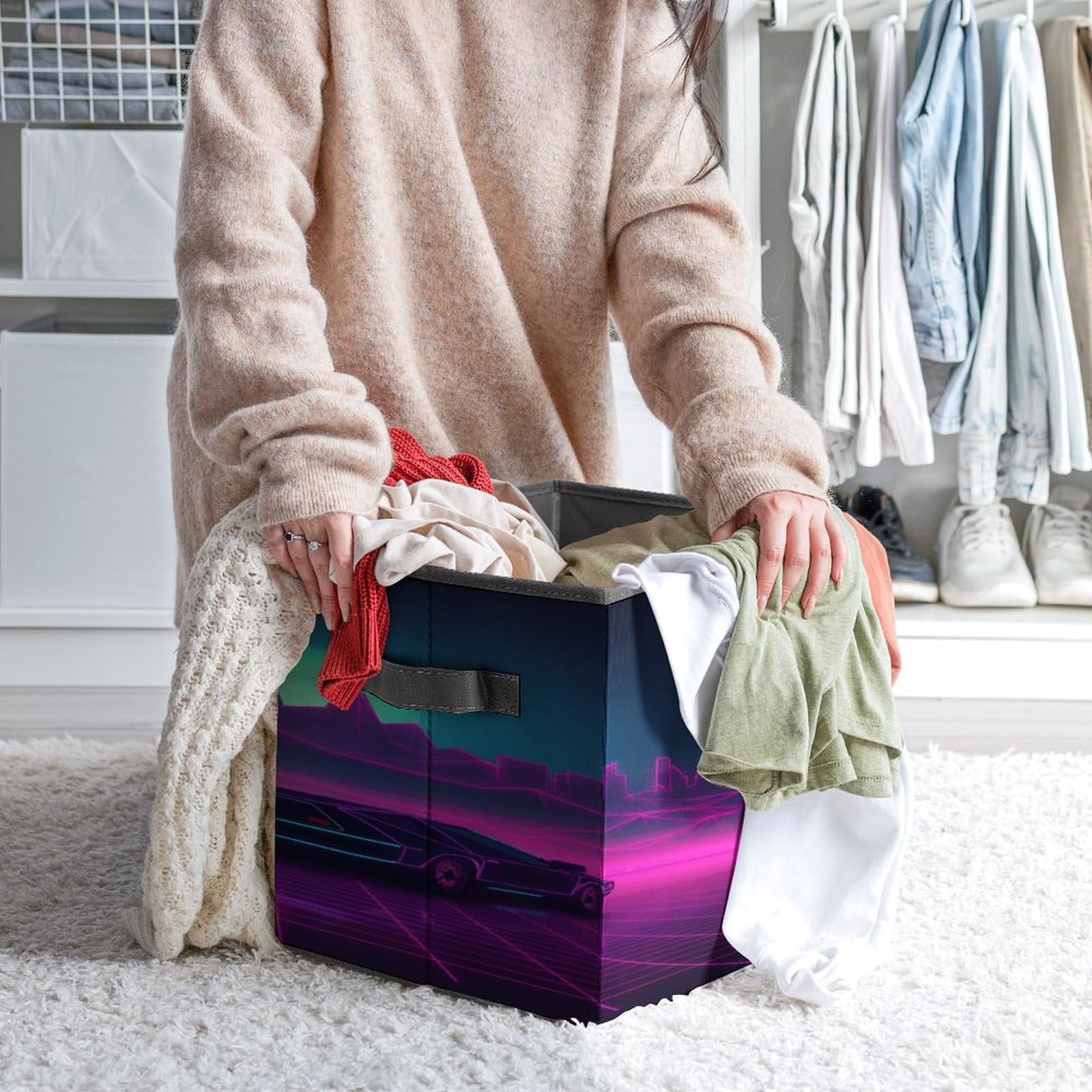 Retrowave Printed Collapsible Storage Cubes - 10.6×10.6 Inch Foldable Fabric Bins with Handles for Home, Office & Closet Organization (Set of 6) - Perfect for Toys, Books, Laundry & Seasonal Decor Storage