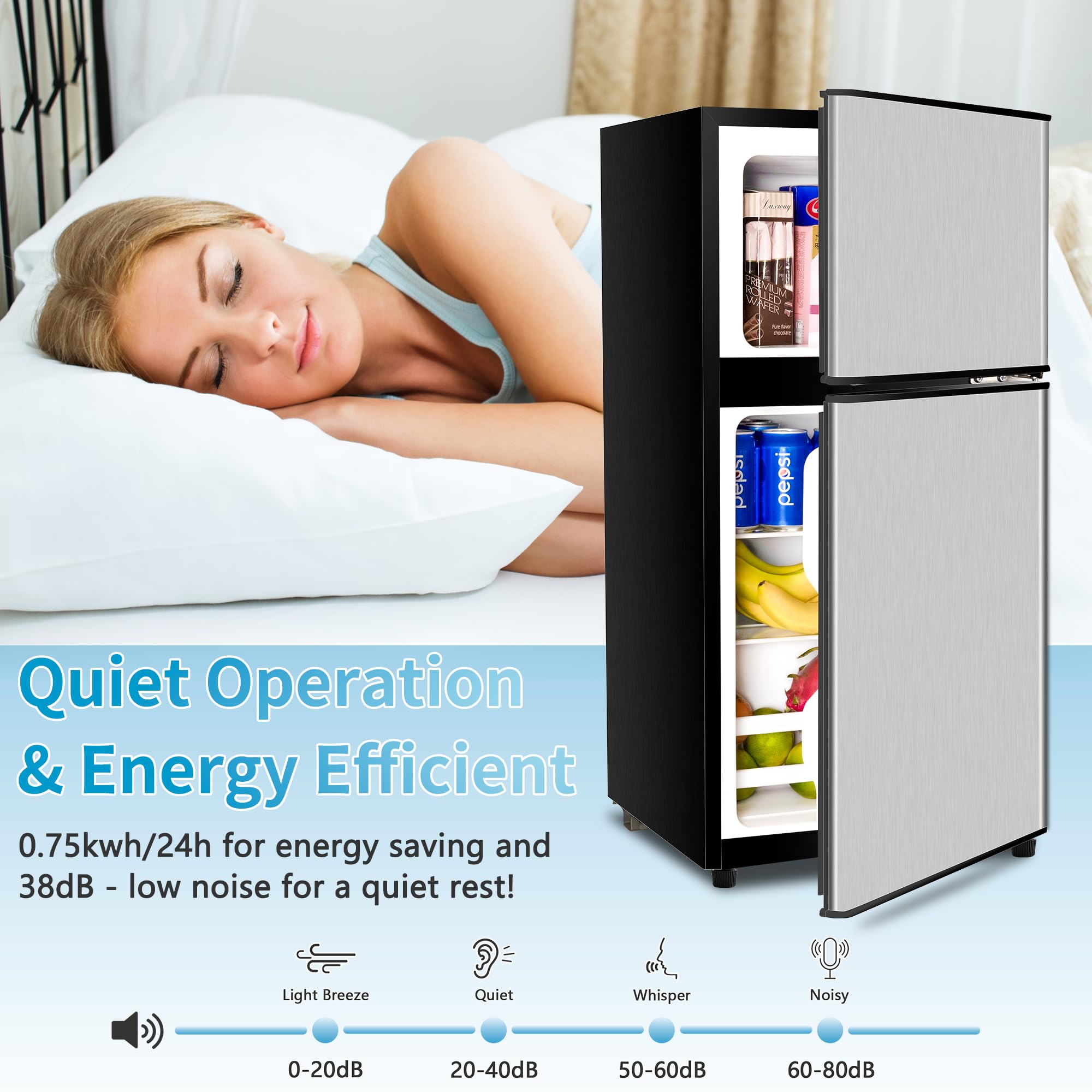3.2 Cu Ft Energy Efficient Refrigerator with Freezer - 2 Door Compact Fridge for Apartments, Dorms, Kitchens, Offices & Bedrooms - Ultra Quiet Cooling for Small Spaces