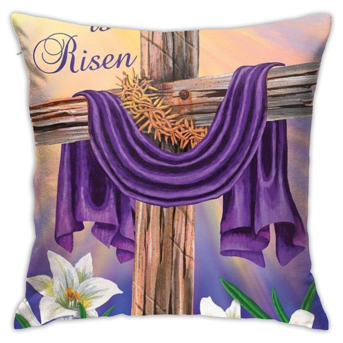 Easter Cross Religious Throw Pillow Cover - 'He is Risen' Double Sided Decorative Cushion Case 18x18 Inch - Perfect for Sofa, Living Room & Family Indoor Decor