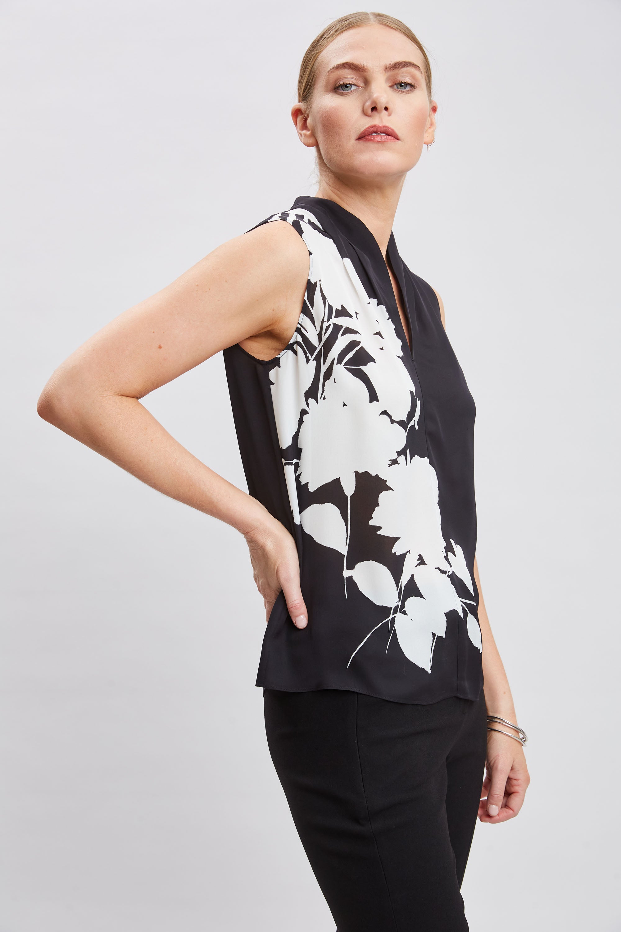 Elegant Midnight Garden Sleeveless Silk Blouse for Women - Perfect for Evening Parties, Date Nights & Special Occasions