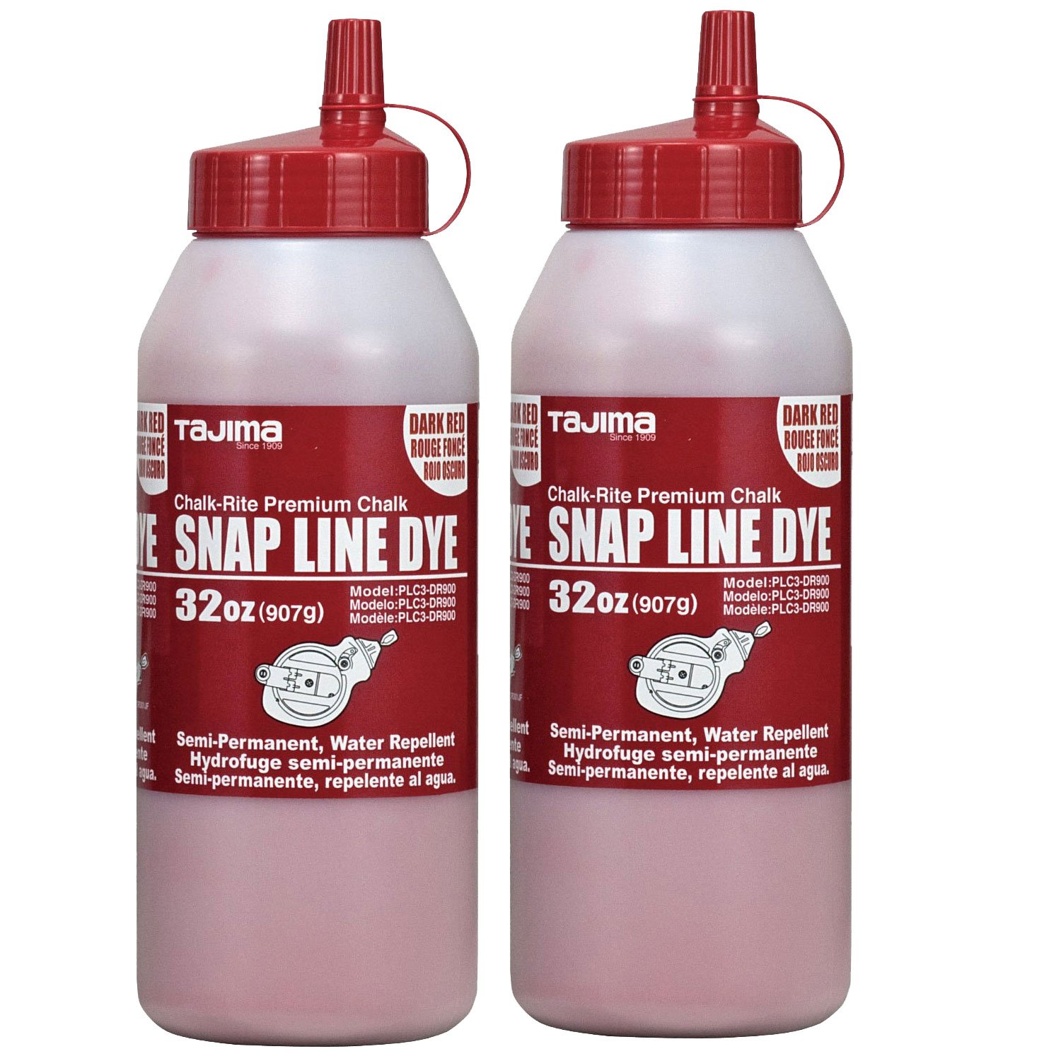 Tajima Marking Chalk Red (2-Pack) - 32oz Semi-Permanent Chalk-Rite Dye with Durable Bottle & Easy Fill Nozzle - Ideal for Construction, Sewing, Quilting & Fabric Marking - PLC3-DR900