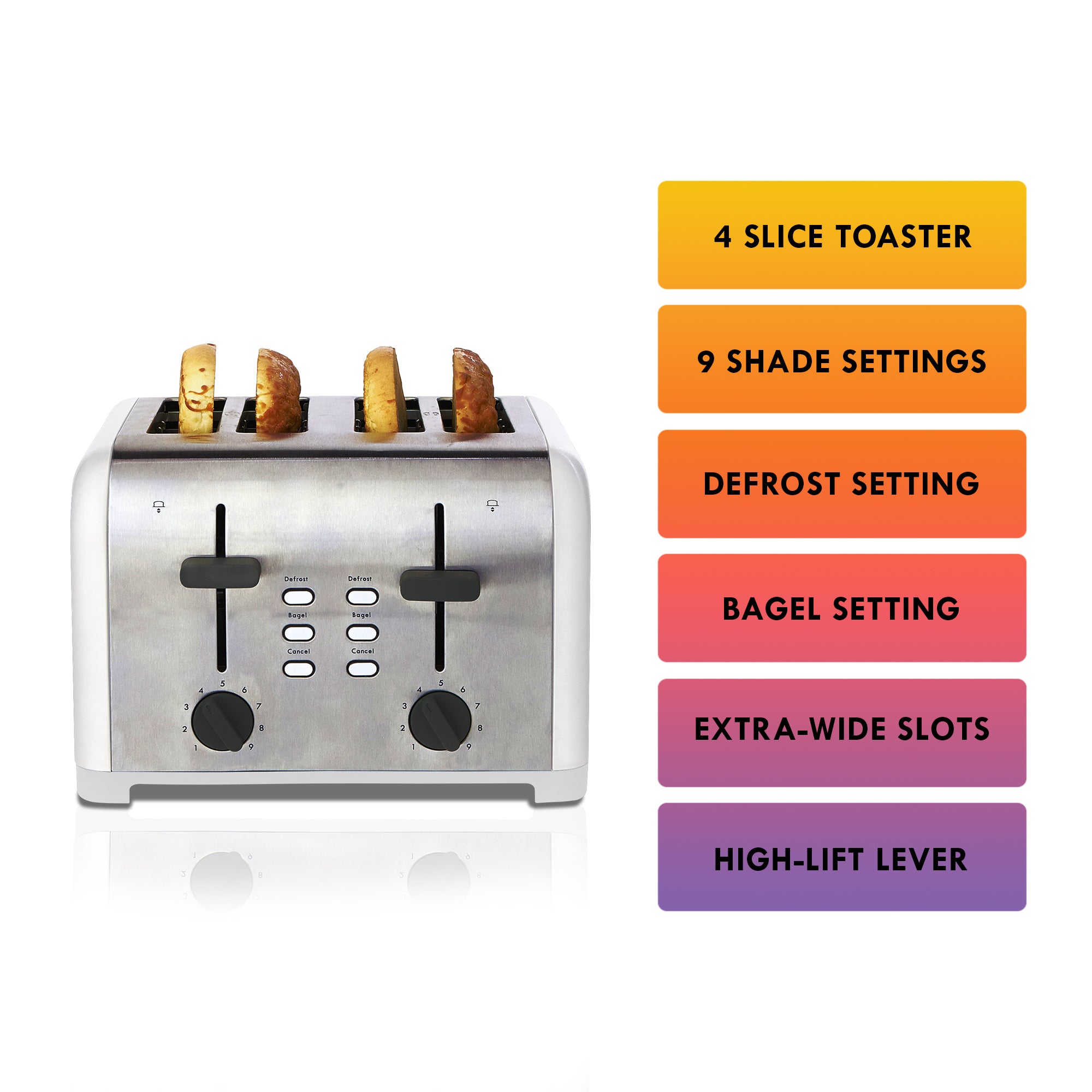 Kenmore 4 Slice Toaster - Stainless Steel White Toaster with Dual Controls, Extra Wide Slots, Bagel & Defrost Functions, 9 Browning Levels & Removable Crumb Tray - Perfect for Bread, Toast, English Muffins & Pastries - Ideal for Breakfast, Brunch & Family Kitchen Use