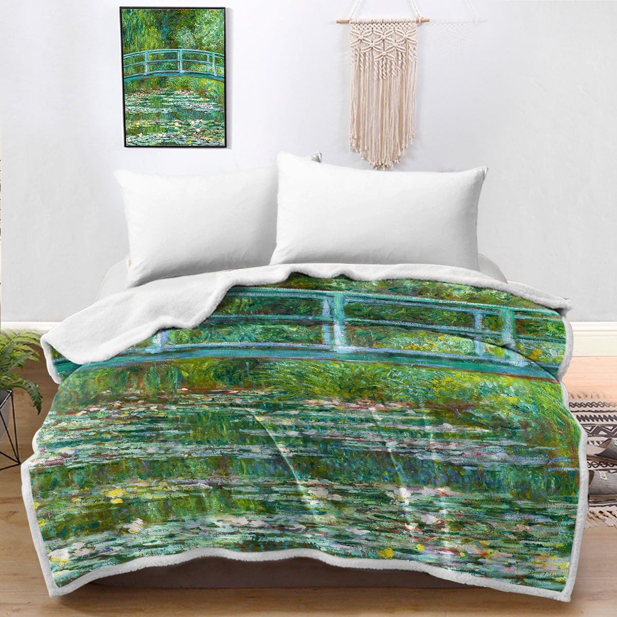 Claude Monet's The Water Lily Pond Bedspread Blanket - Impressionist Art Queen Size Comforter for Bedroom Decor, Living Room Throw, Gift for Art Lovers