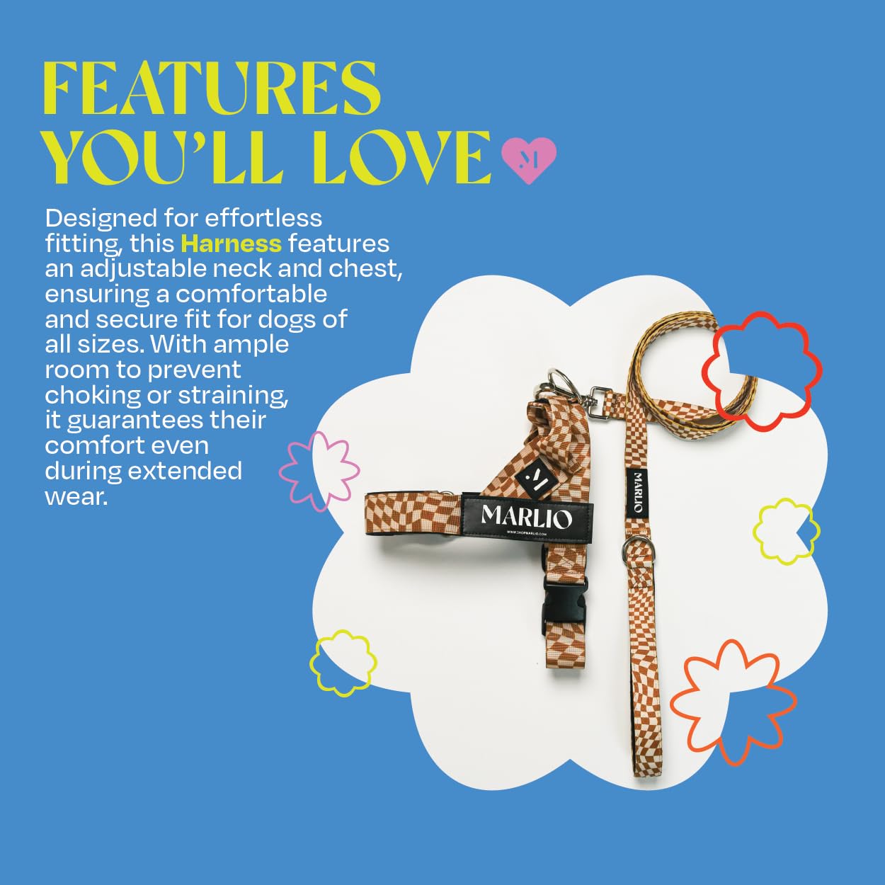 Marlio Adjustable No-Pull Dog Harness - Choke-Free, Comfortable & Stylish Pet Walking Gear with Easy-On Design, Unique Prints & Matching Leash - Small Size Solid Black - Perfect for Daily Walks, Training & Outdoor Adventures