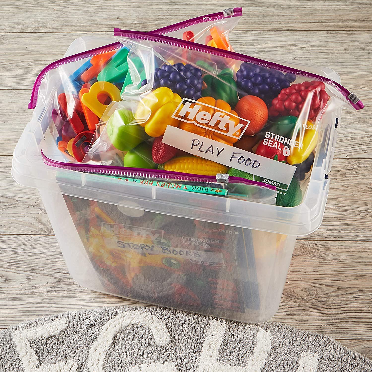 Hefty Jumbo Slider Bags 15 Count - Reusable 2.5 Gallon Plastic Storage Bags with Slide Zip Closure | Clear & Purple | Leak Proof Food Storage | Ideal for Meal Prep, Freezer Storage & Organizing Household Items