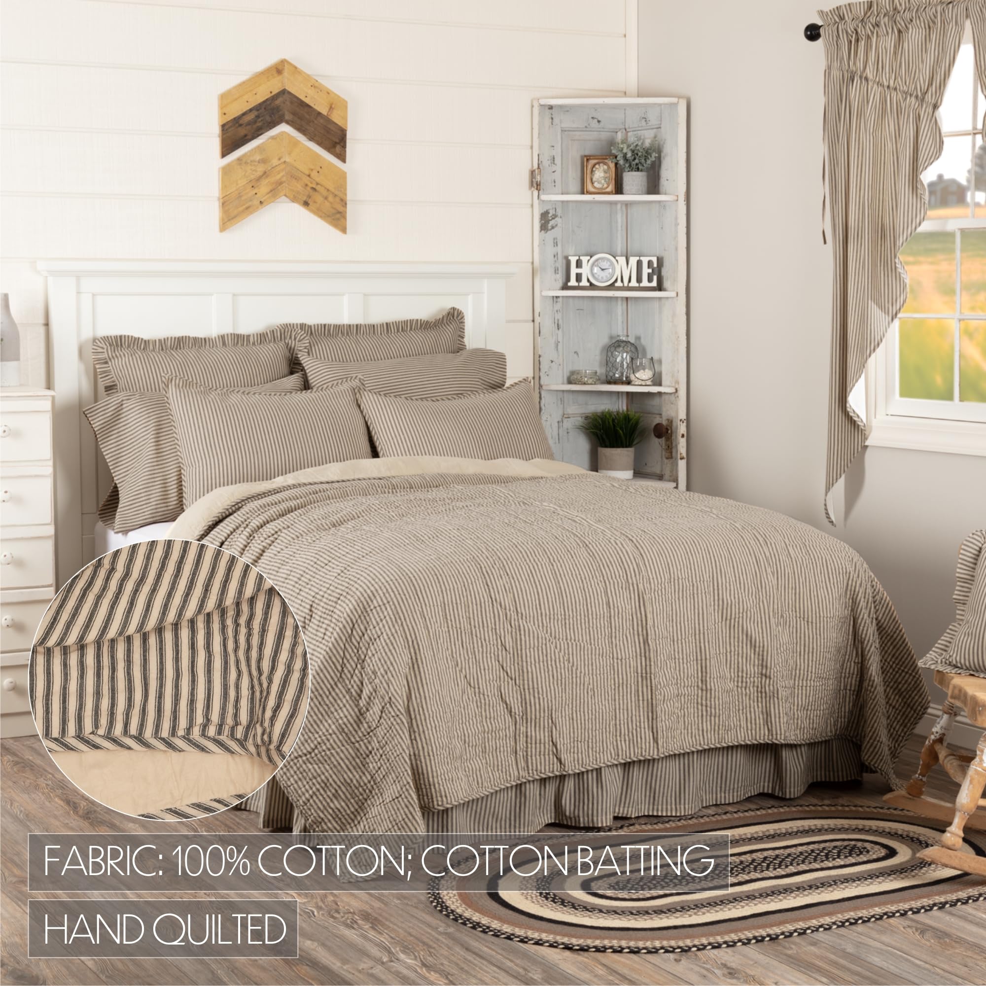 Sawyer Mill Ticking Stripe Quilt Queen Size 90x90 Inches - Charcoal Grey Cotton Bedspread for Cozy Bedroom Decor | Perfect for Guest Rooms & Master Bedrooms