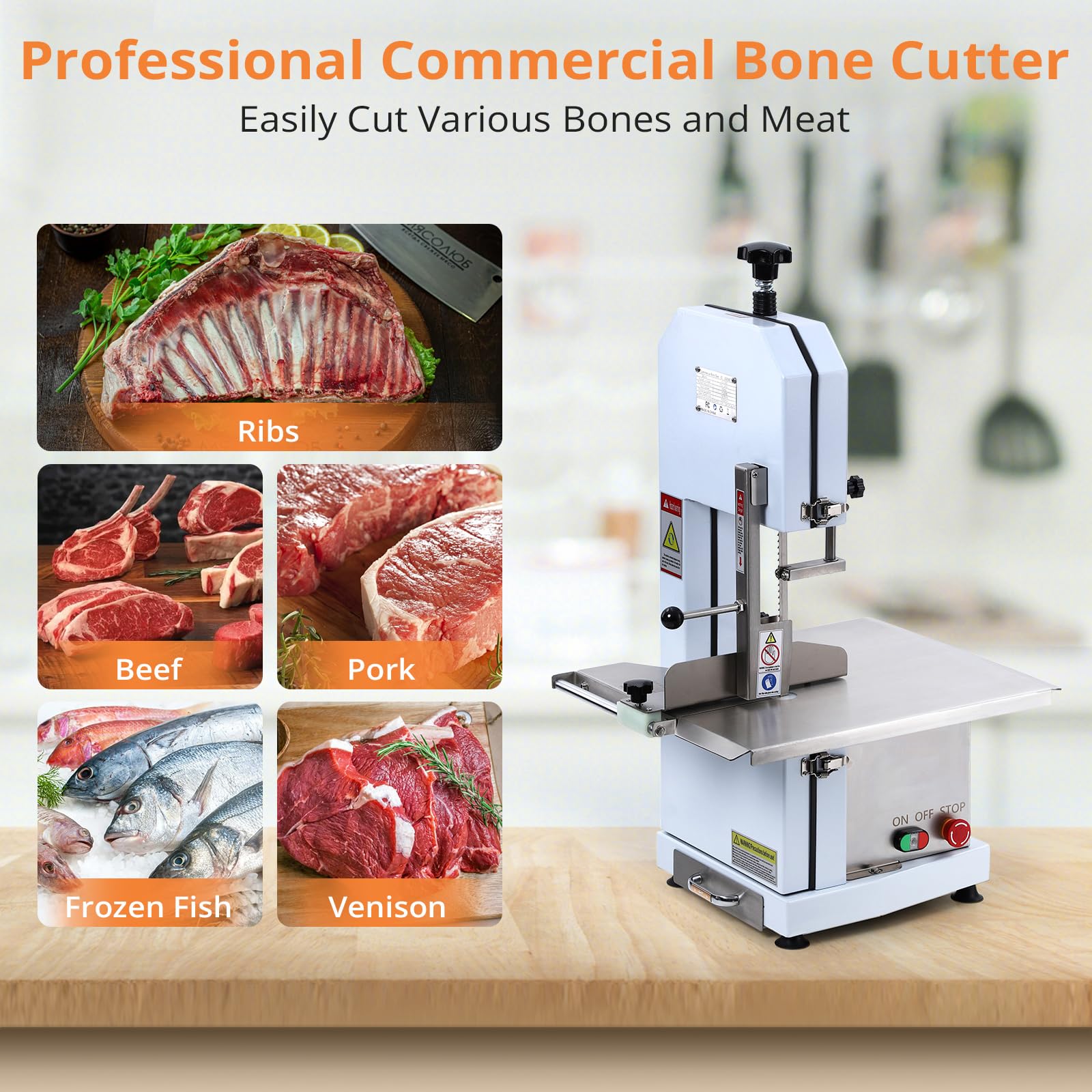 1100W Commercial Electric Meat Bandsaw - Heavy Duty Bone Cutting Machine with 6 Saw Blades (0.39-6.6 Inch Adjustable Thickness) for Beef, Pork, Chicken, Fish & Frozen Meat - Perfect for Butcher Shops, Restaurants & Food Processing (1100W)