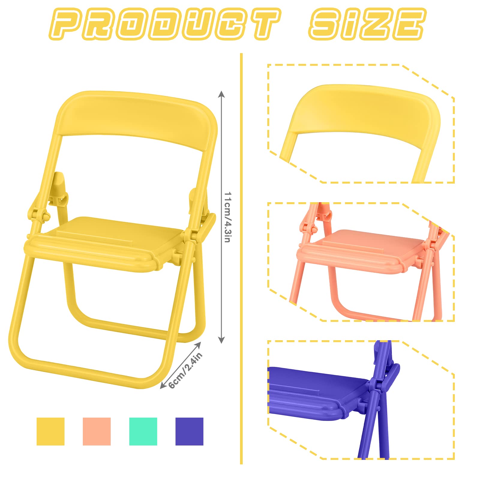 Flutesan 4-Pack Mini Folding Chair Phone Stand - Adjustable Candy Color Mobile Holder for Desk, Dollhouse & Desktop - Perfect for Home Office, DIY Projects & Gift Giving
