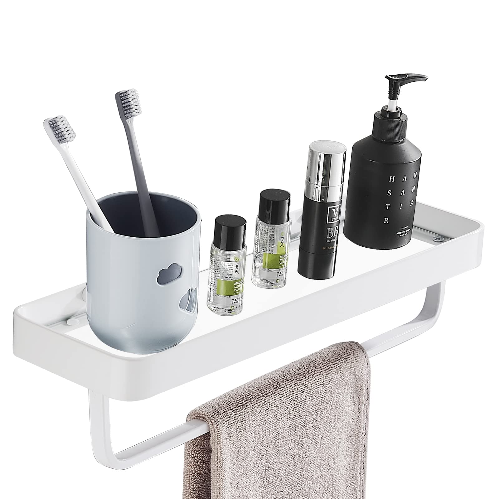 15.7 Inch Wall Mounted Bathroom Glass Shelf with Towel Bar - Modern Shower Organizer & Kitchen Spice Rack - White Rectangular Over Toilet Storage for Bathroom, Kitchen & Vanity Decor