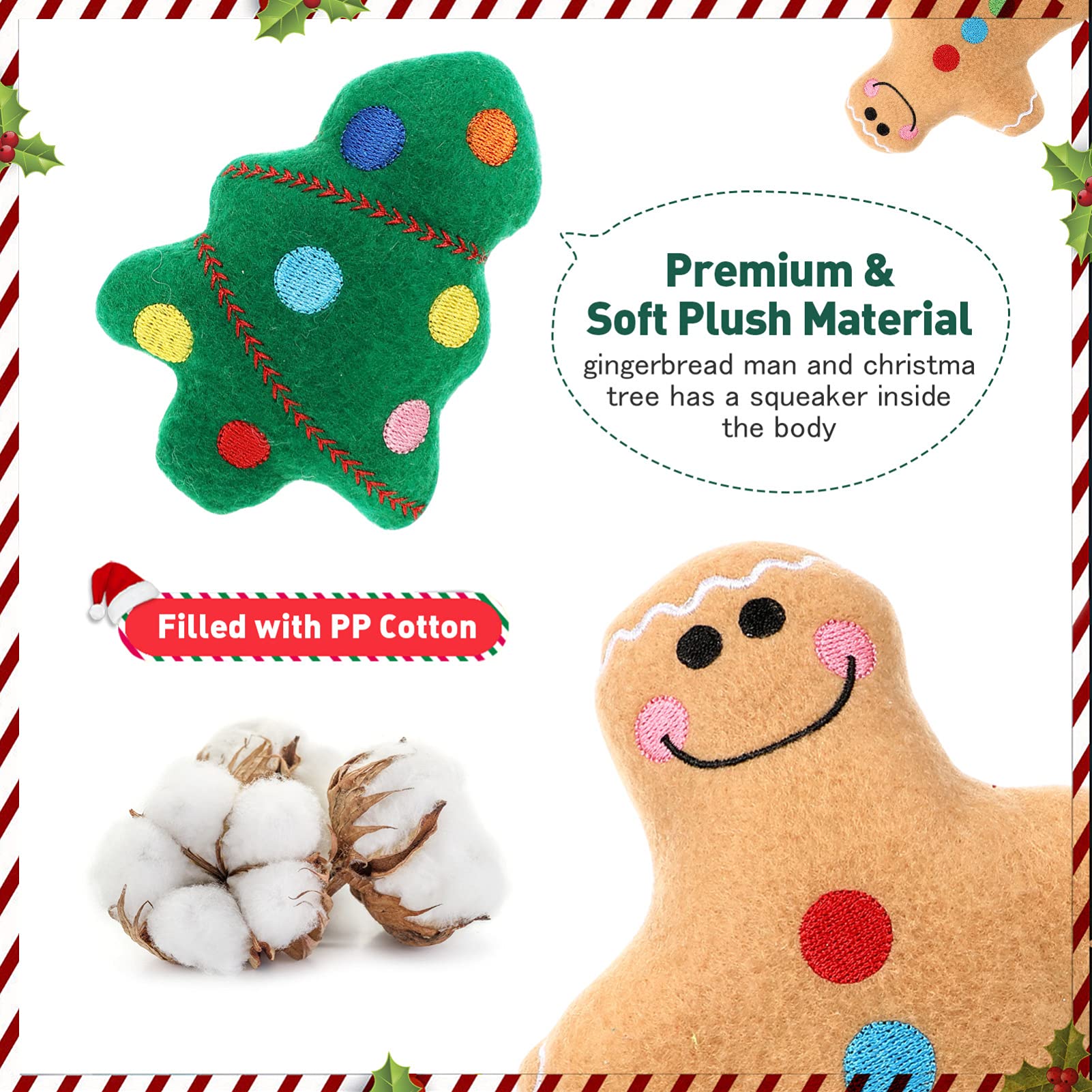 POPETPOP Christmas Dog Toys - Plush Squeaky Chew Toys for Puppies (Gingerbread Man & Tree Shapes) - Fun Holiday Pet Gifts for Playtime & Training