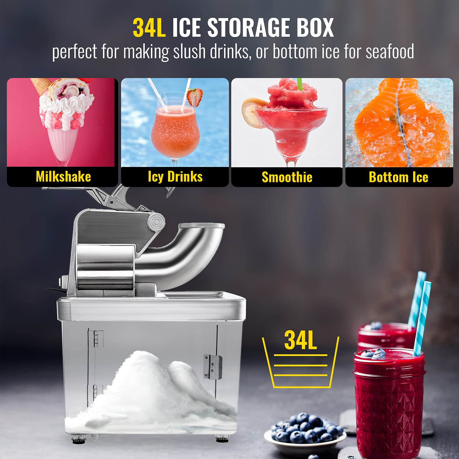 VEVOR 110V Commercial Ice Crusher 661LBS/H, ETL Certified 300W Electric Snow Cone Maker with Dual Stainless Steel Blades - Heavy Duty Shaved Ice Machine for Home, Restaurants, Bars - Perfect for Parties, Cocktails, and Summer Treats