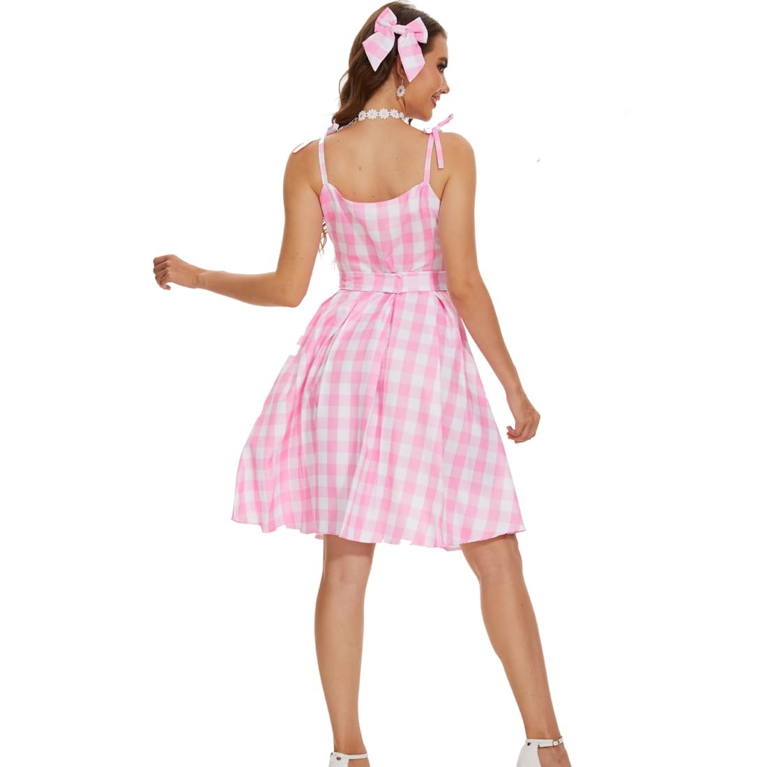 AYYOHON Women's Pink Plaid Dress with Skirt, Hair Bow, Daisy Necklace & Earrings Set - Halloween 2023 Cosplay Costume for Parties, Anime Conventions & Themed Events
