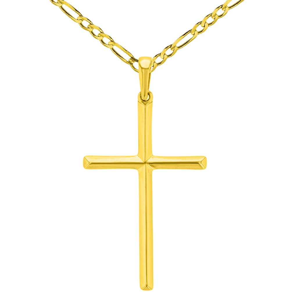 14K Yellow Gold Slender Plain Cross Pendant Necklace with Figaro Chain - High Polish Finish - Perfect for Everyday Wear, Gifts & Religious Occasions