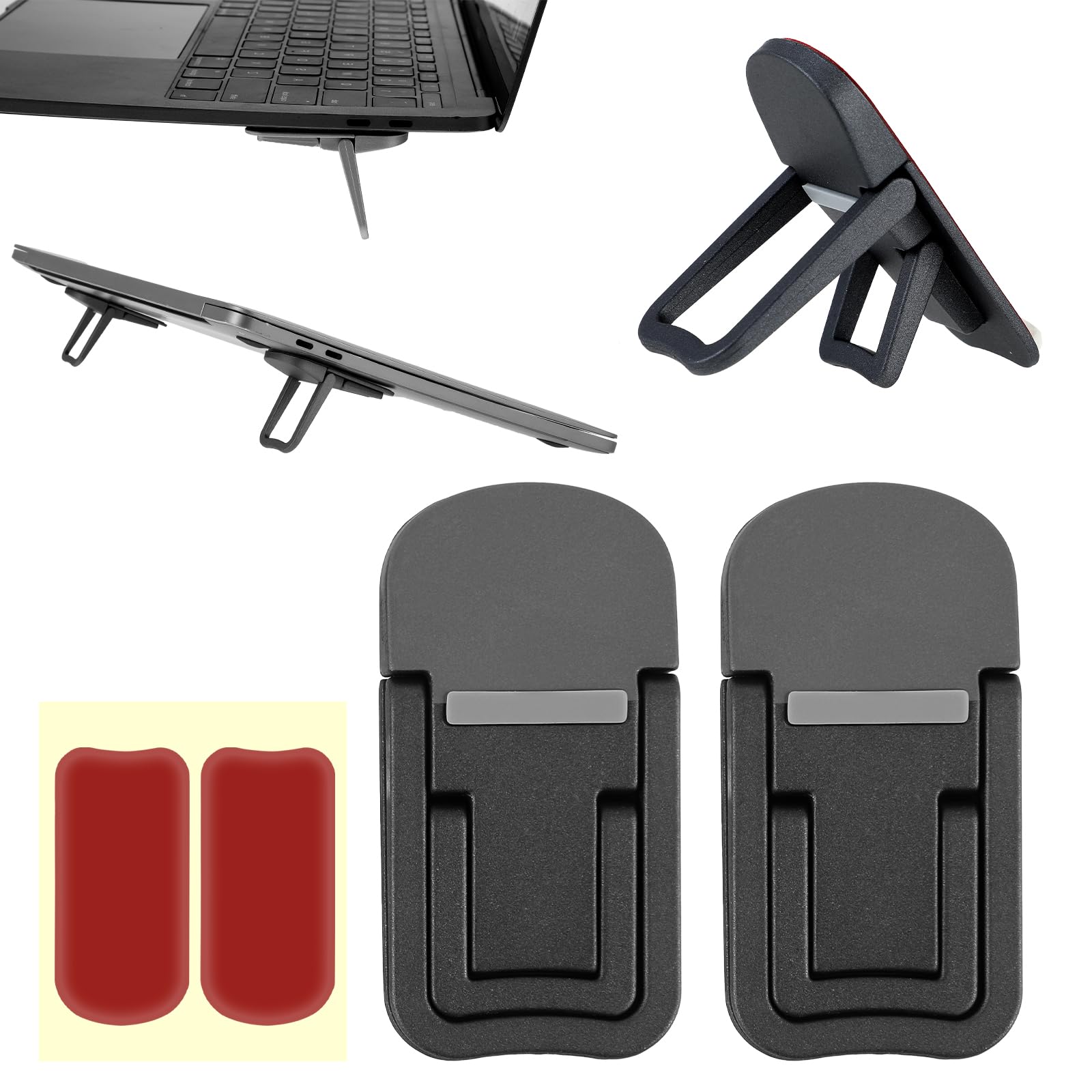 Bewudy 2 Pcs Portable Keyboard Riser - Dual Tilt Angle, Foldable Laptop Stand, Self-Adhesive Mini Keyboard Riser for Most Keyboards (Black) - Ideal for Home, Office, and Travel Use
