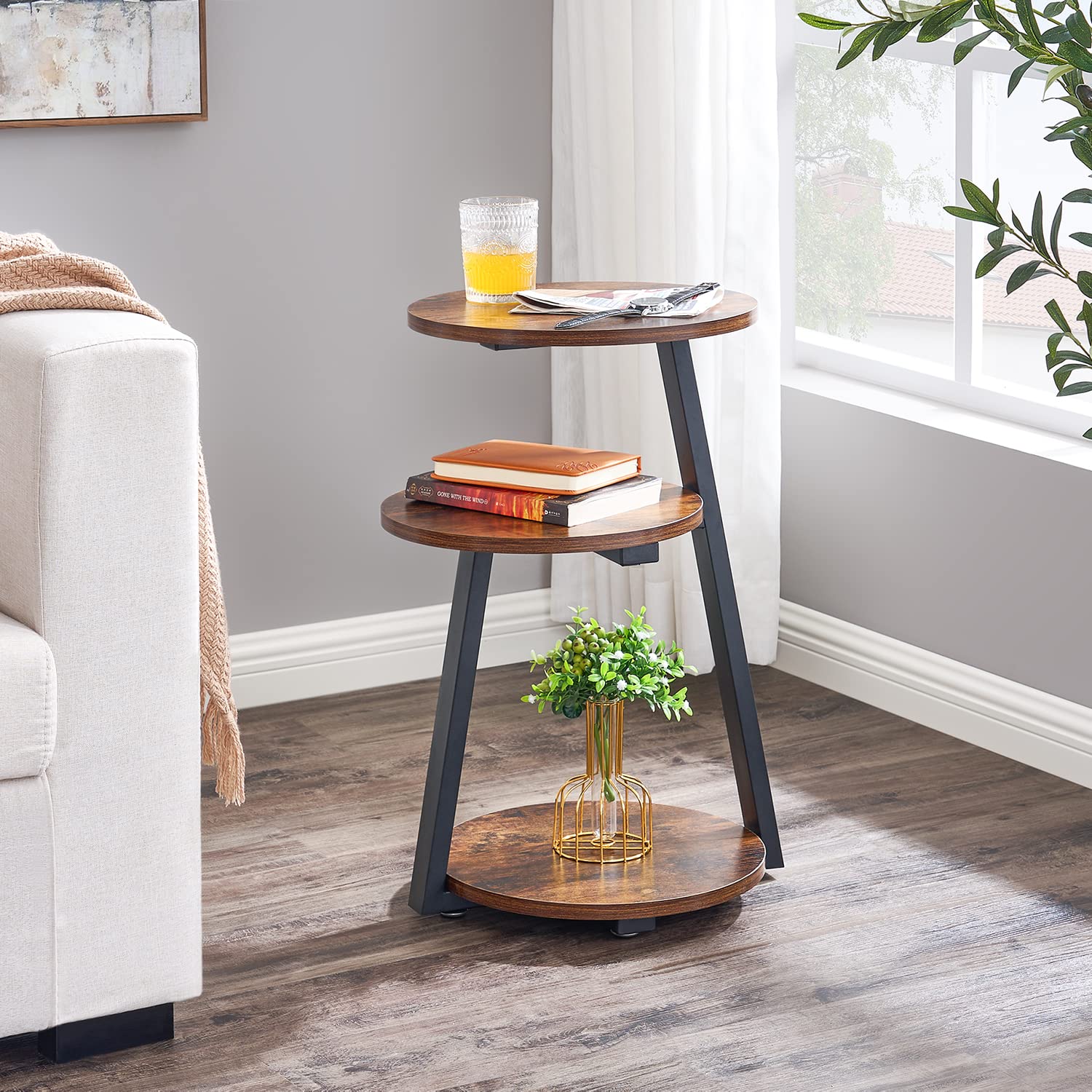 BEWISHOME Round End Table with Metal Frame - 3-Tier Shelf Side Table, Nightstand, Bedside Table for Living Room, Bedroom, Couch | Rustic Brown Small Coffee Table | Perfect for Reading Nook, Apartment Decor & Small Space Furniture (KTZ41Z)