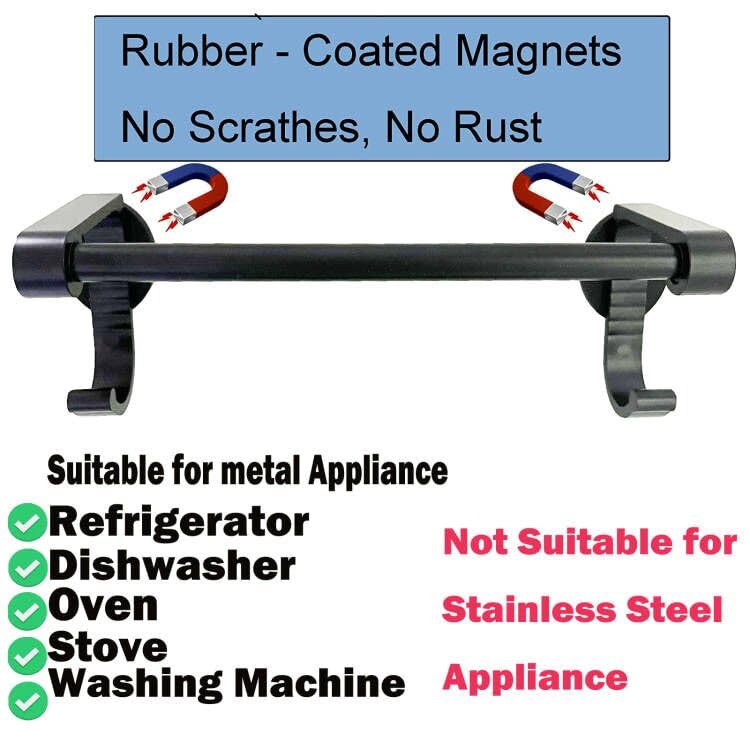 Strong Magnetic Towel Bar with 2 Hooks - Kitchen Utensil Organizer for Tongs, Oven Mitts & Dish Towels - Space-Saving Storage for Refrigerator, Stove, Dishwasher & Laundry Room - Perfect for Small Kitchens & RVs (Black)
