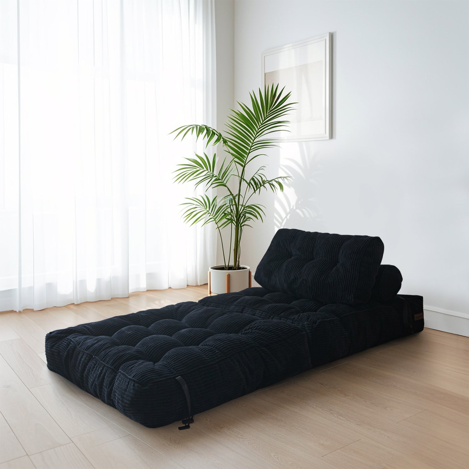MAXYOYO Corduroy Folding Sofa Bed - Convertible Sleeper Chair with Pillow & Back Support | Foldable Mattress for Small Spaces | Perfect for Guest Room, Studio Apartment & Office Lounges (Black)