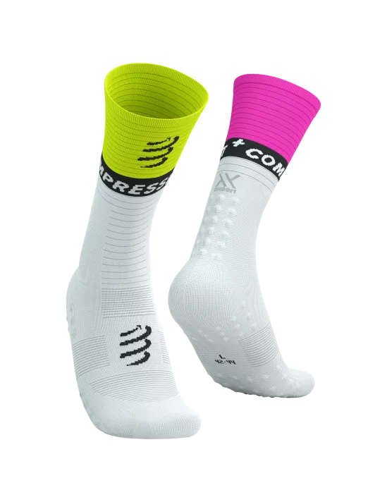 Compressport Unisex Mid Compression Socks V2.0 - White, Yellow & Neon Pink for Running, Cycling & Recovery - Athletic Performance Socks for Men & Women